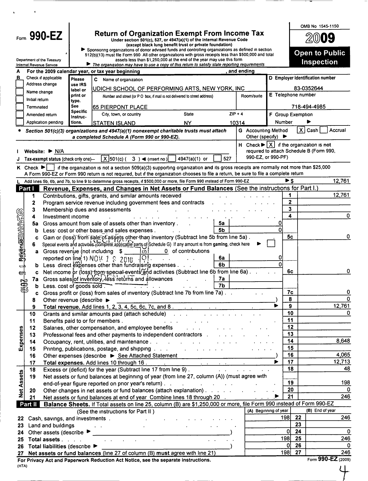 Image of first page of 2009 Form 990EZ for Udichi School of Performing Arts New York