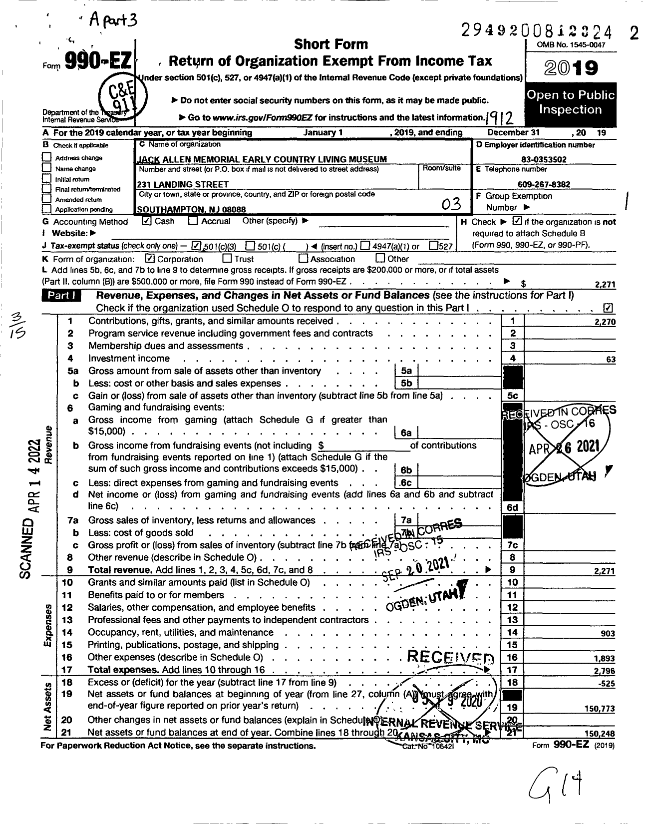 Image of first page of 2019 Form 990EZ for Jack Allen Memorial Country Living Museum