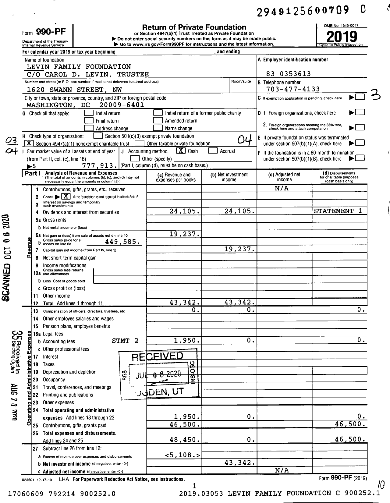 Image of first page of 2019 Form 990PR for Levin Family Foundation