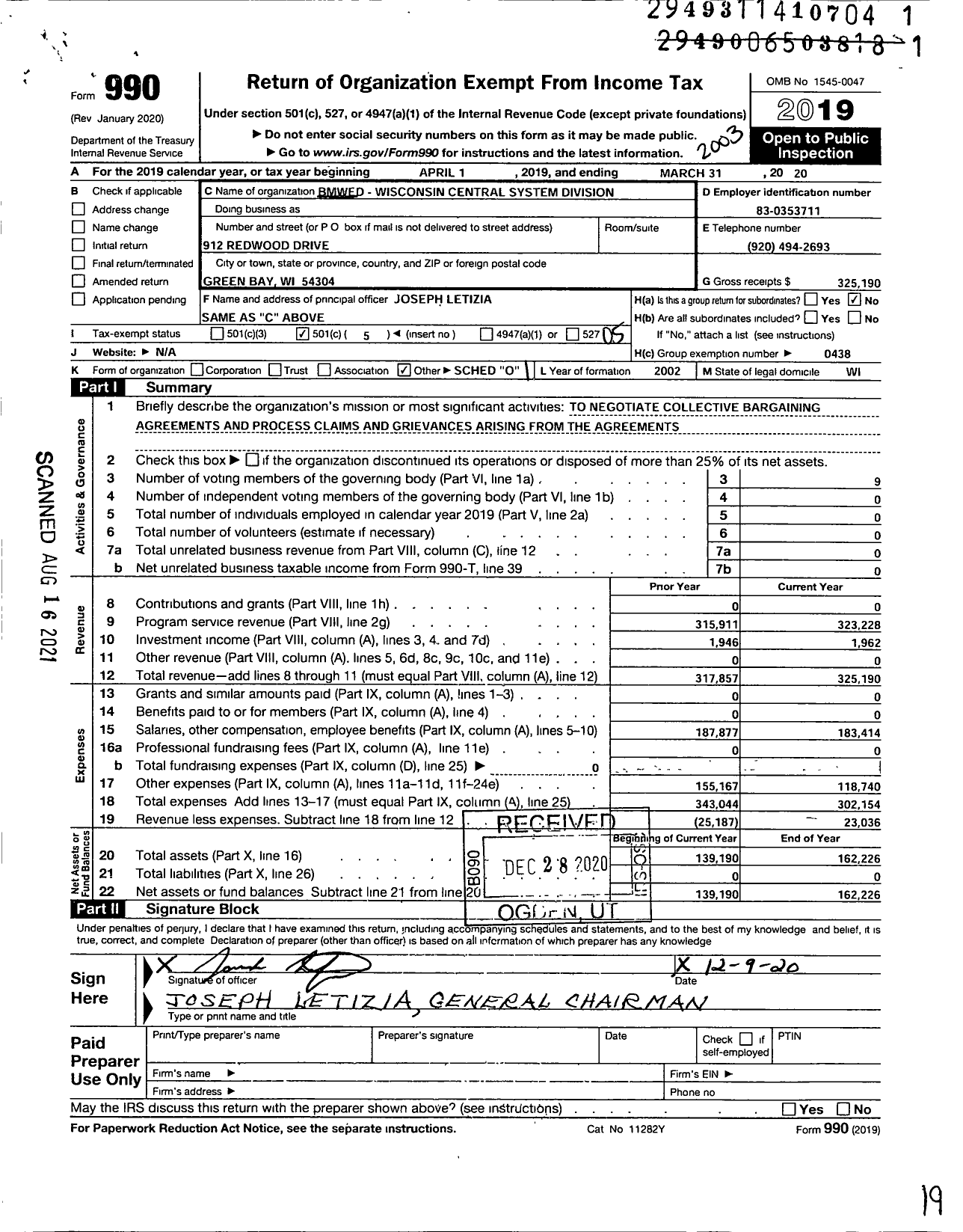 Image of first page of 2019 Form 990O for Brotherhood of Maintenance of Way Employes - Wisconsin Central System Division