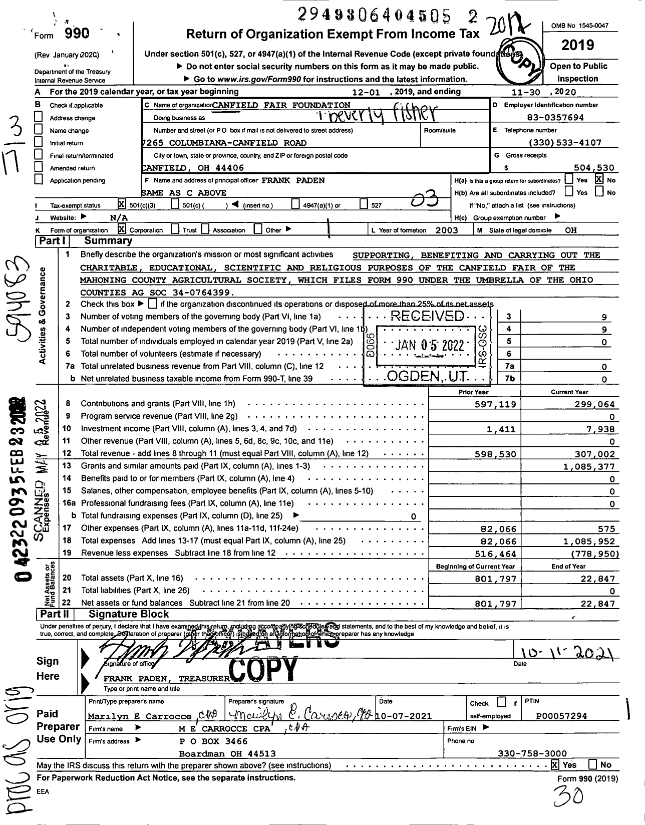 Image of first page of 2019 Form 990 for Canfield Fair Foundation