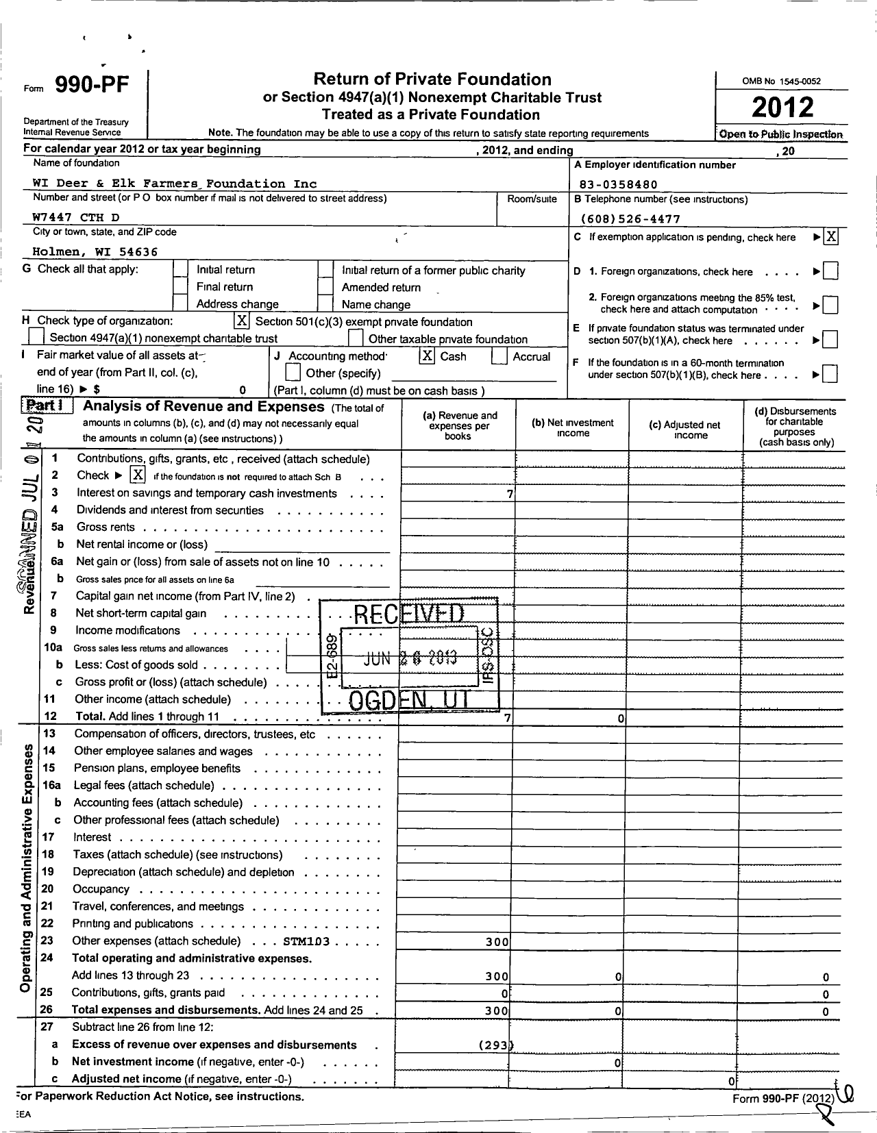 Image of first page of 2012 Form 990PF for Wisconsin Deer and Elk Farmers Foundation