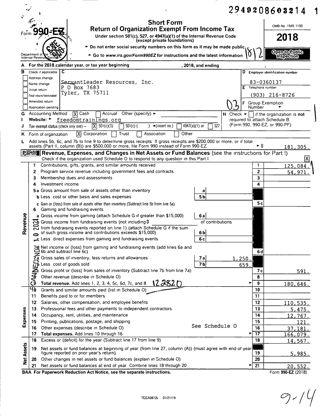 Image of first page of 2018 Form 990EZ for ServantLeader Resources