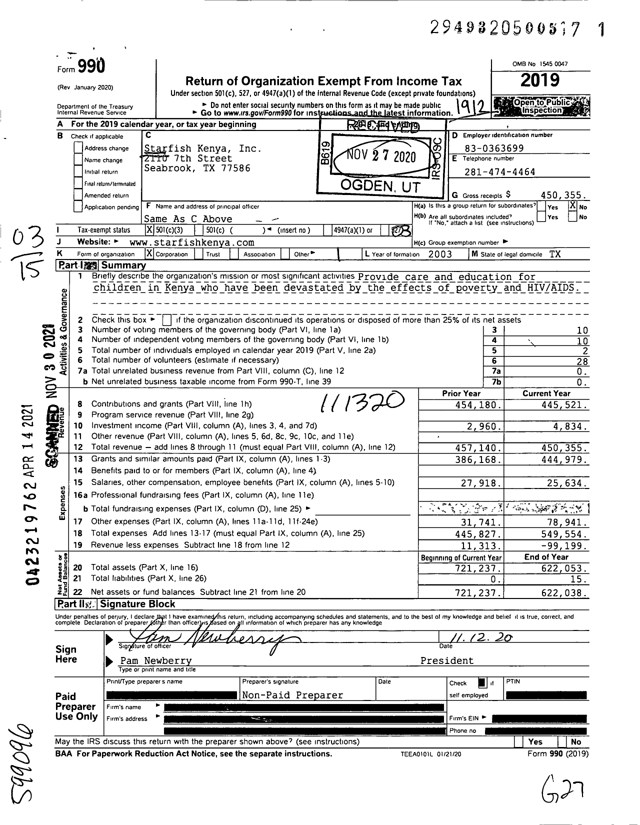 Image of first page of 2019 Form 990 for Starfish Kenya