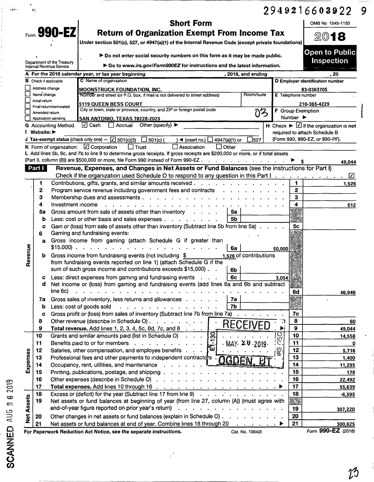 Image of first page of 2018 Form 990EZ for Moonstruck Foundation