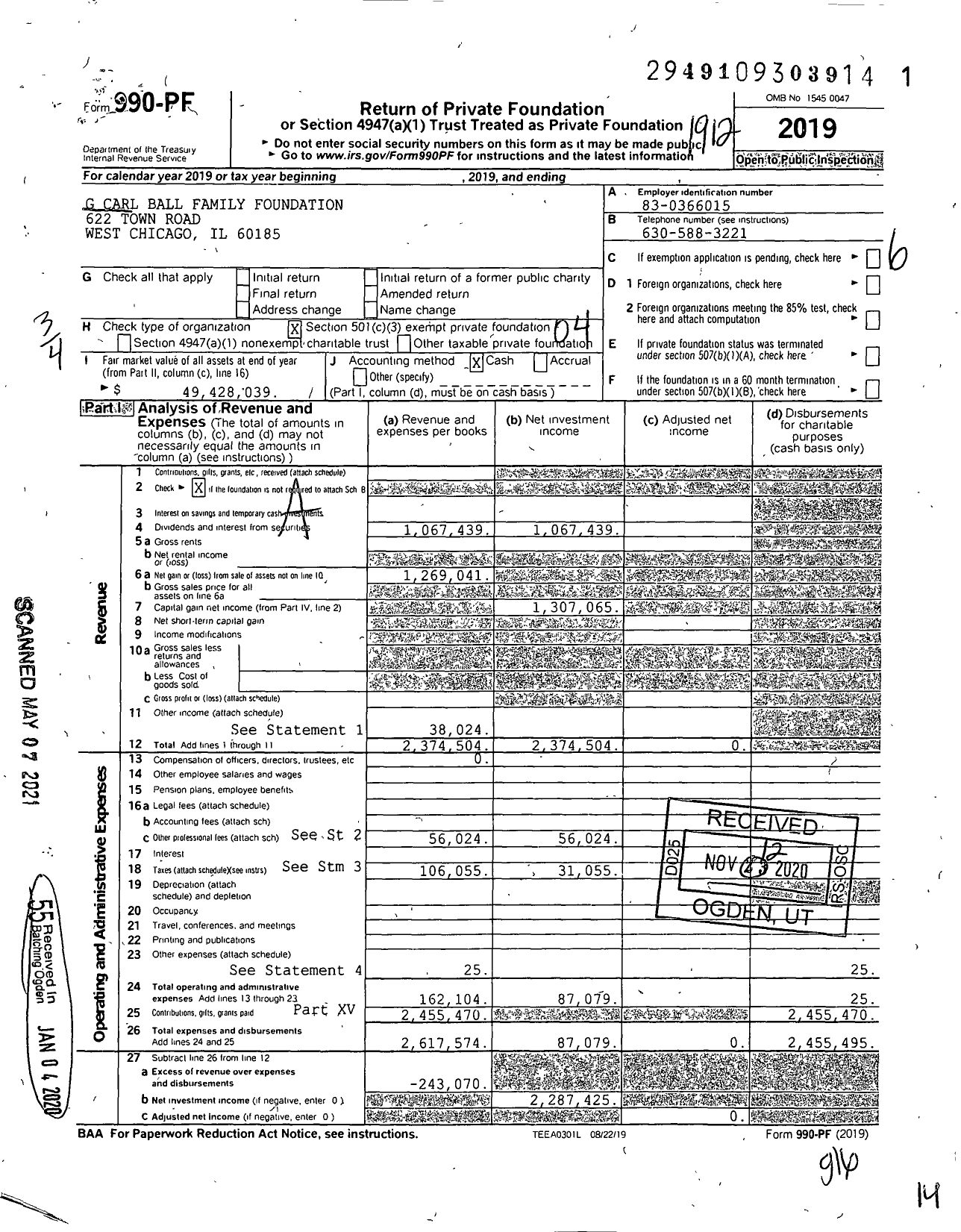 Image of first page of 2019 Form 990PF for G Carl Ball Family Foundation