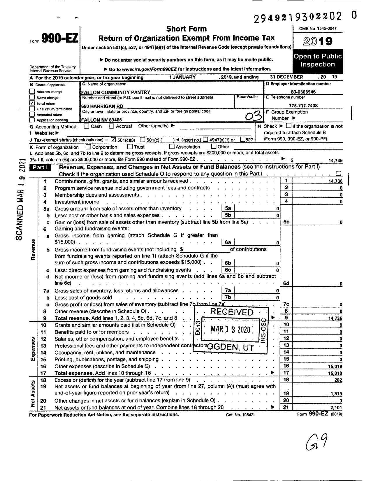 Image of first page of 2019 Form 990EZ for Fallon Community Pantry