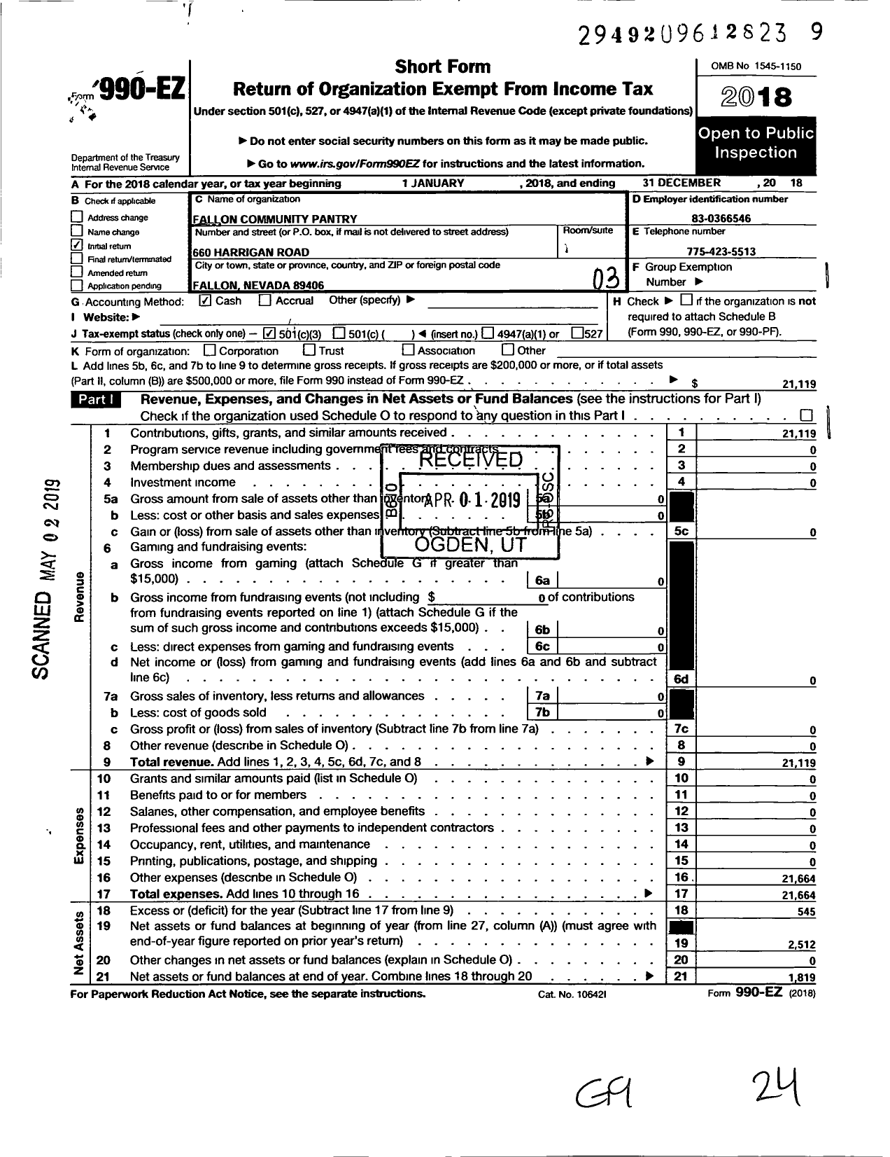 Image of first page of 2018 Form 990EZ for Fallon Community Pantry