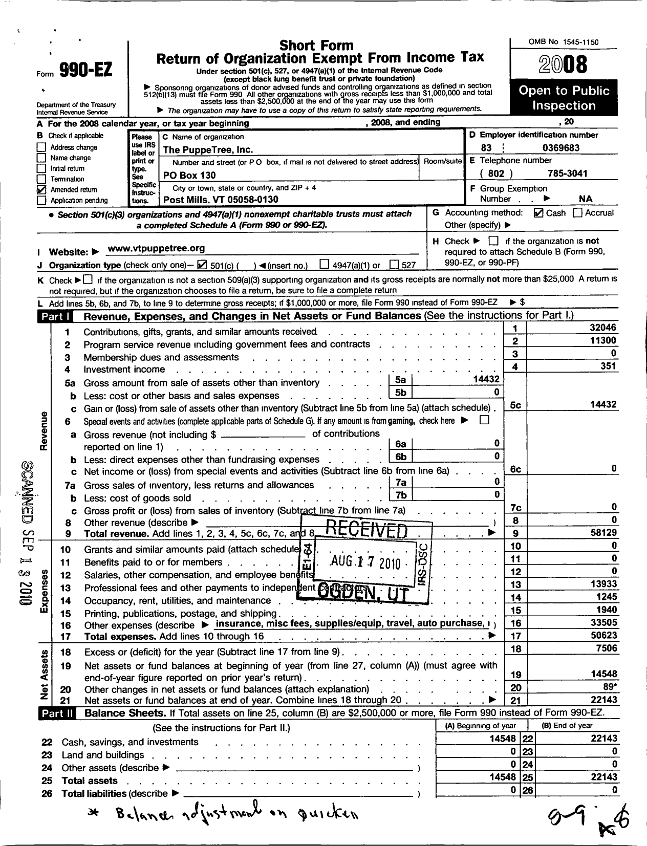 Image of first page of 2008 Form 990EO for PuppeTree