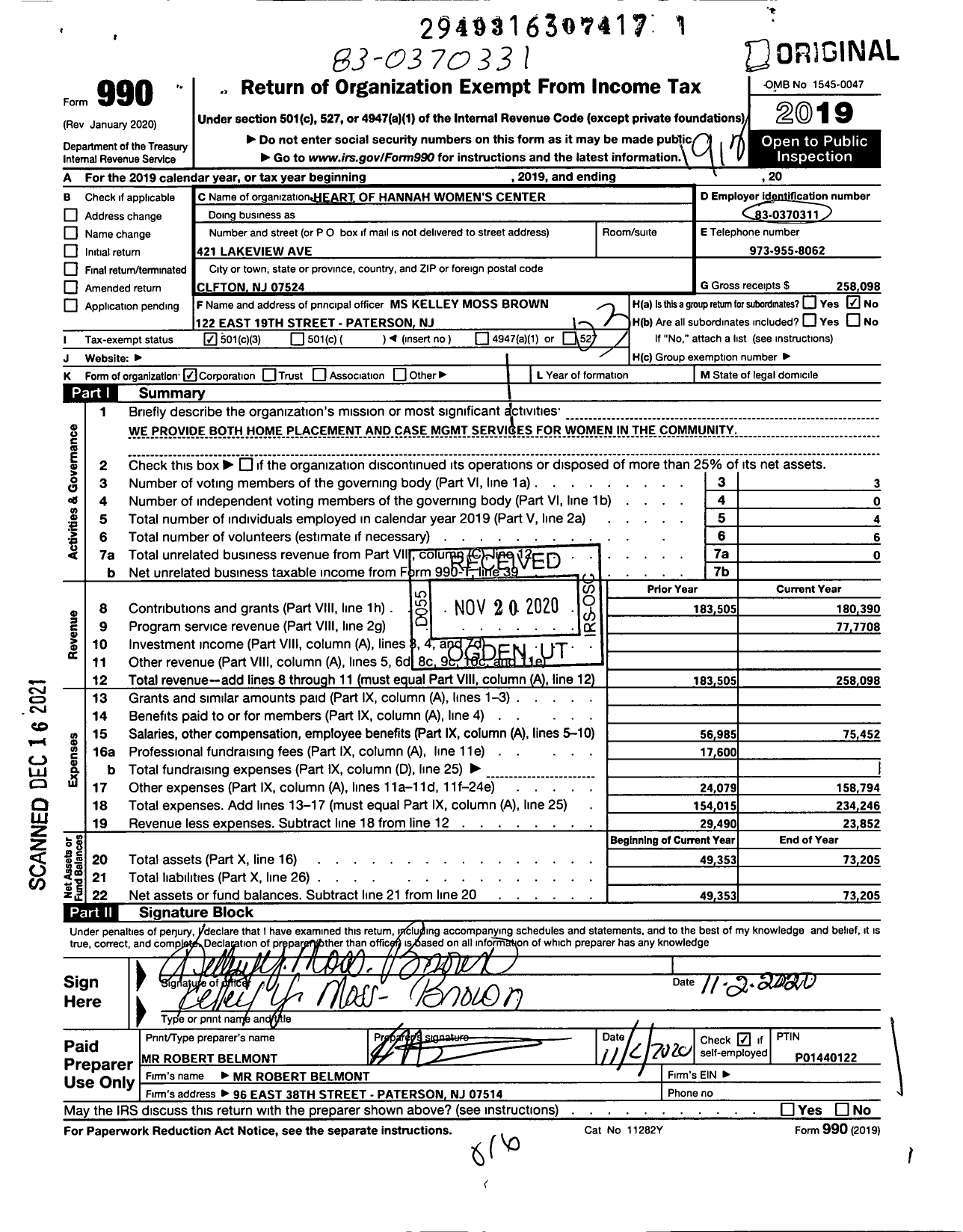 Image of first page of 2019 Form 990 for Heart of Hannah Womens Center