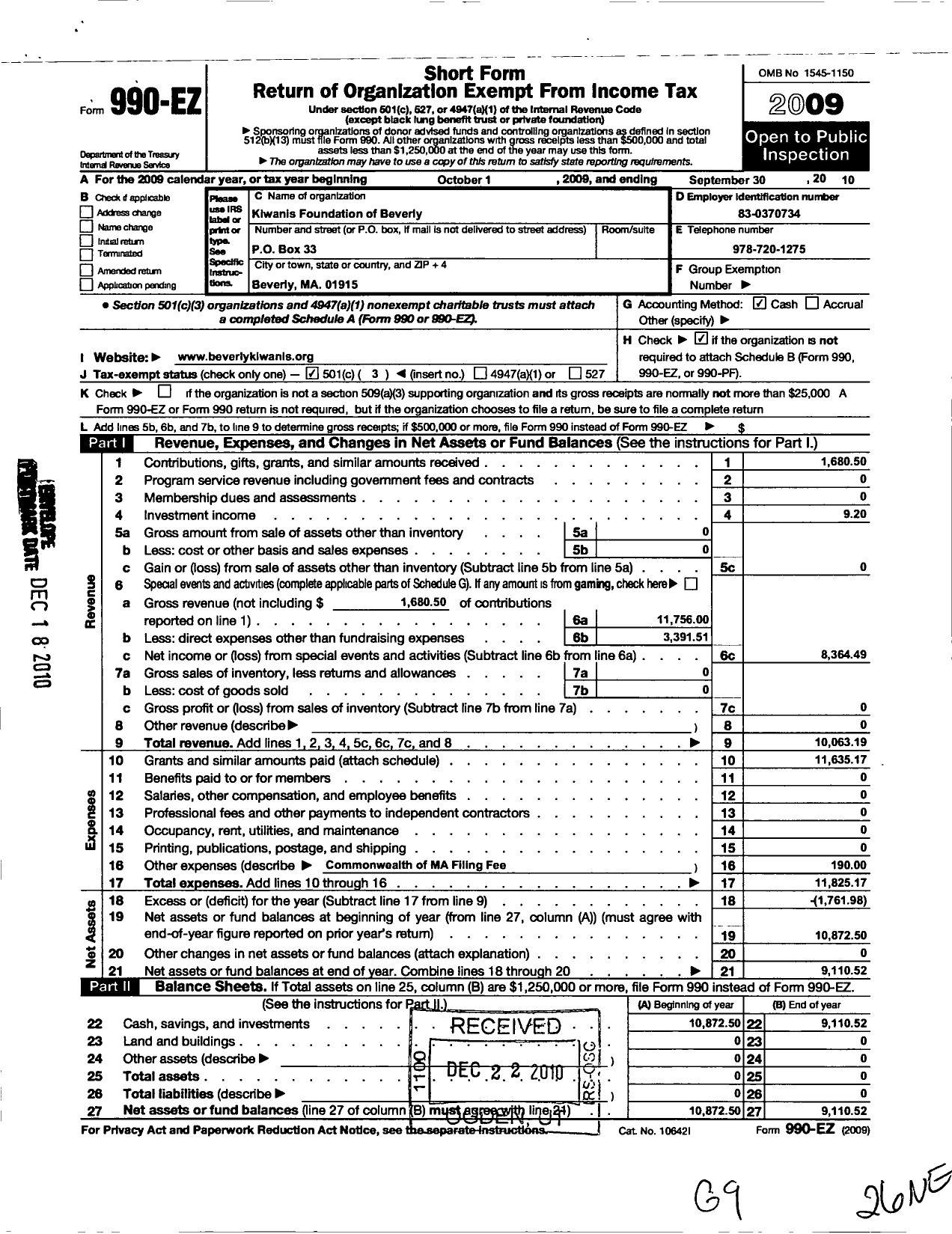 Image of first page of 2009 Form 990EZ for Beverly Kiwanis Foundation