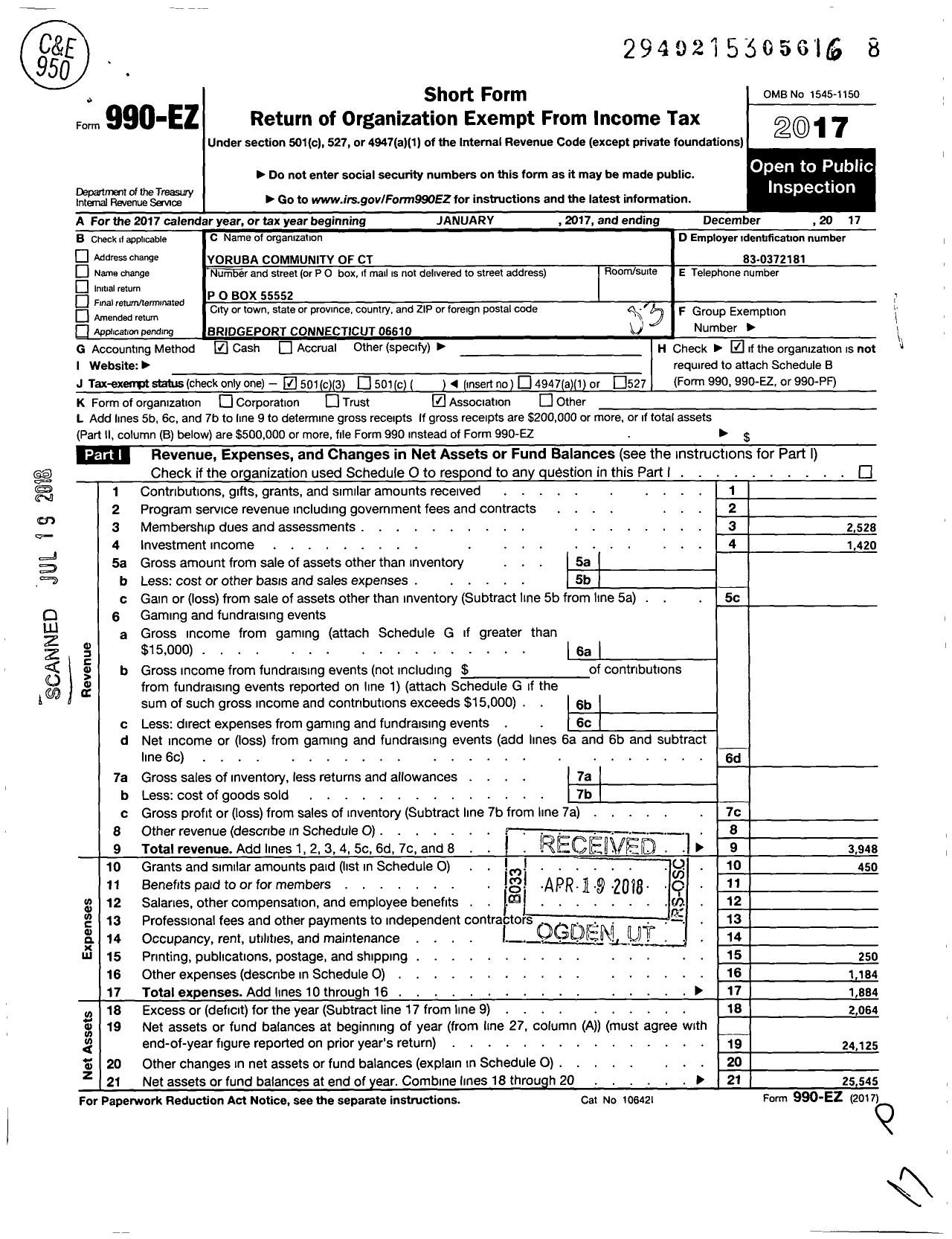 Image of first page of 2017 Form 990EZ for Yoruba Community of Connecticut