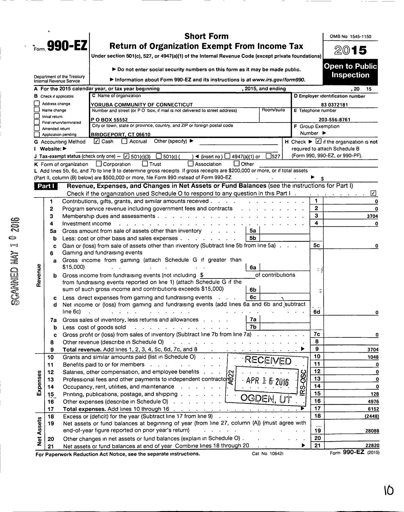 Image of first page of 2015 Form 990EZ for Yoruba Community of Connecticut