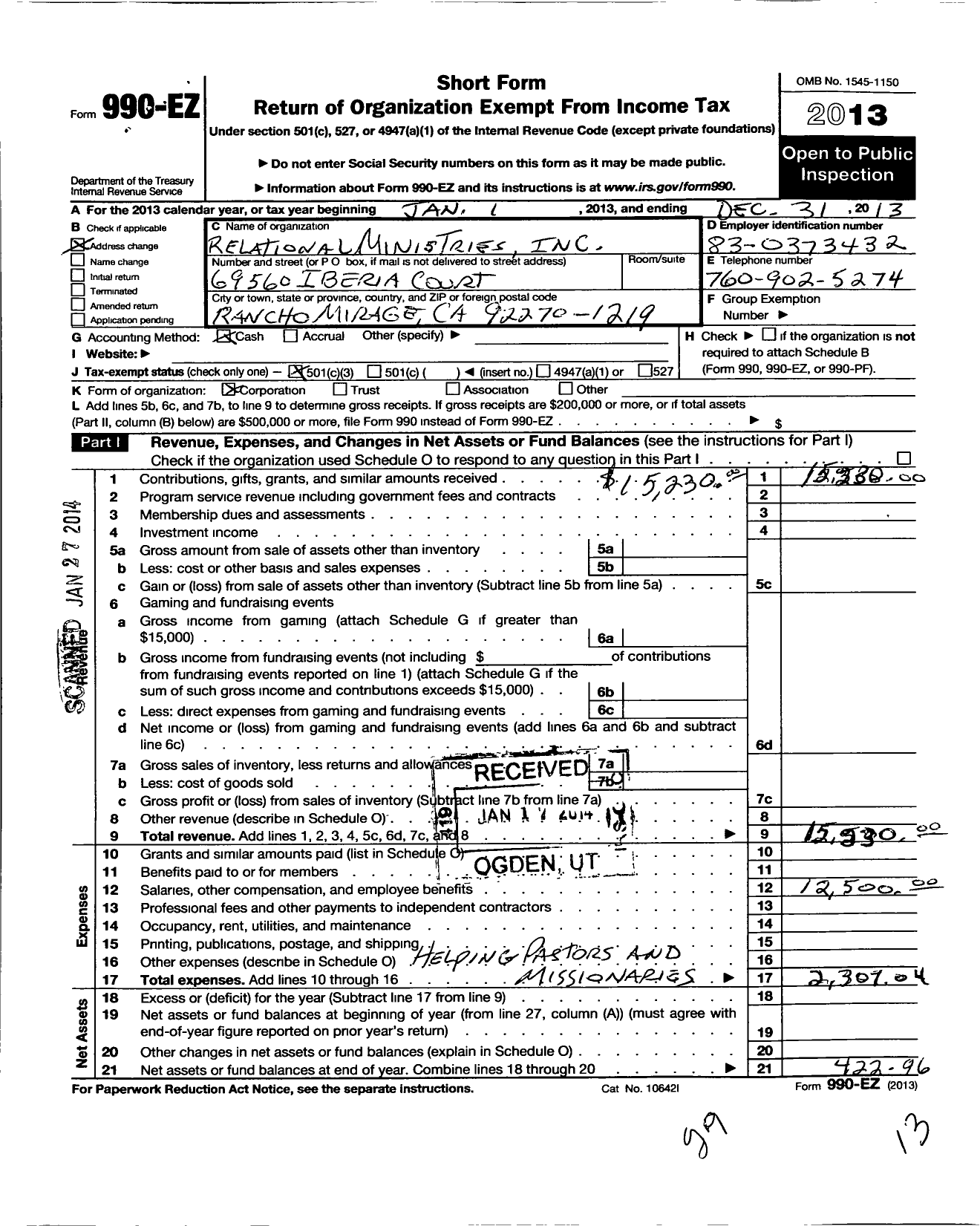 Image of first page of 2013 Form 990EZ for Relational Ministries