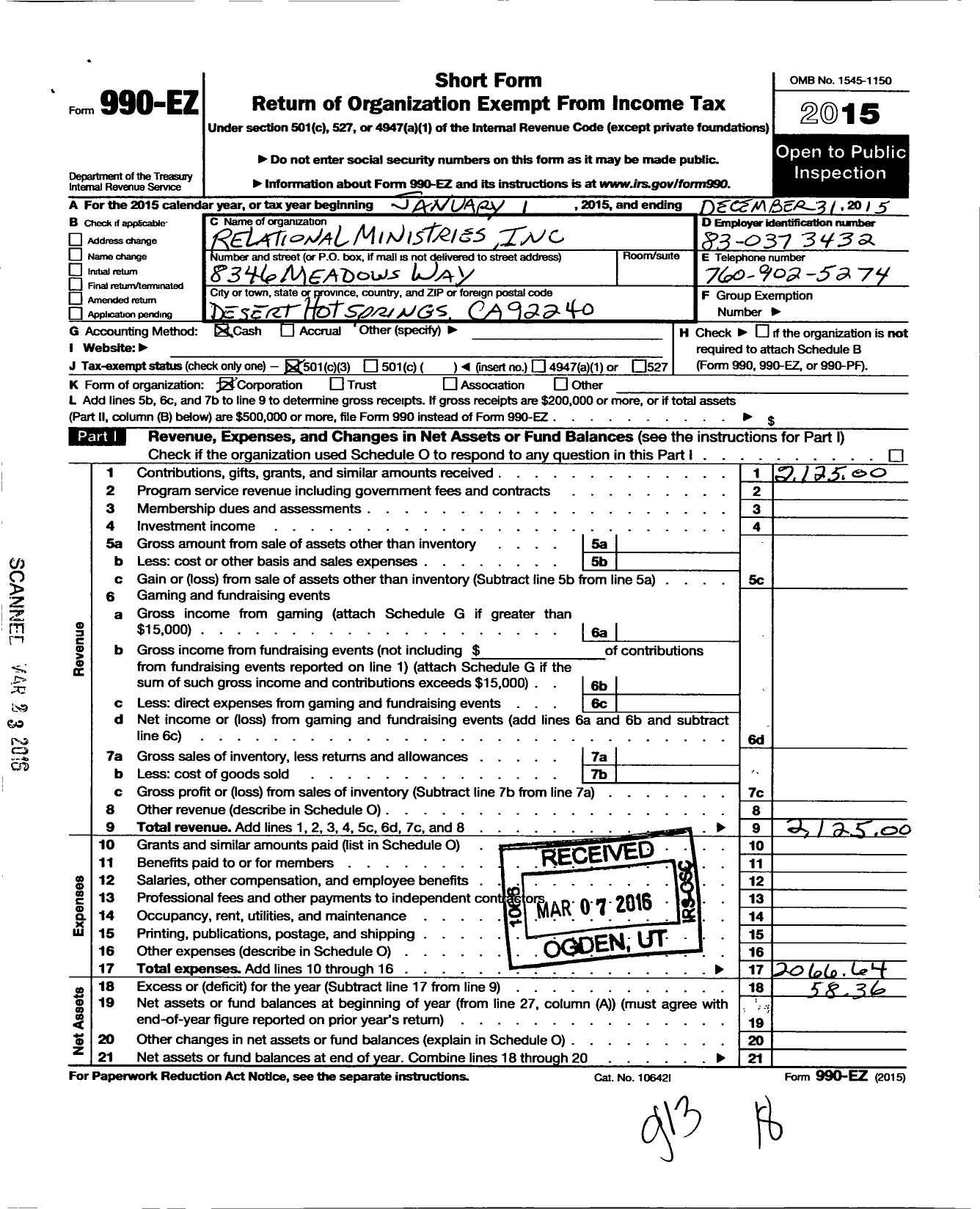 Image of first page of 2015 Form 990EZ for Relational Ministries