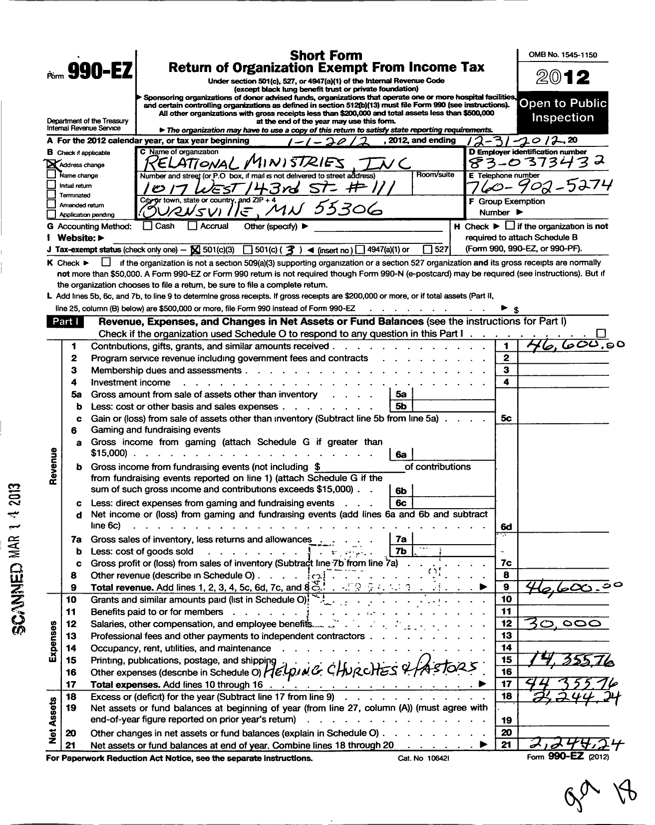 Image of first page of 2012 Form 990EZ for Relational Ministries