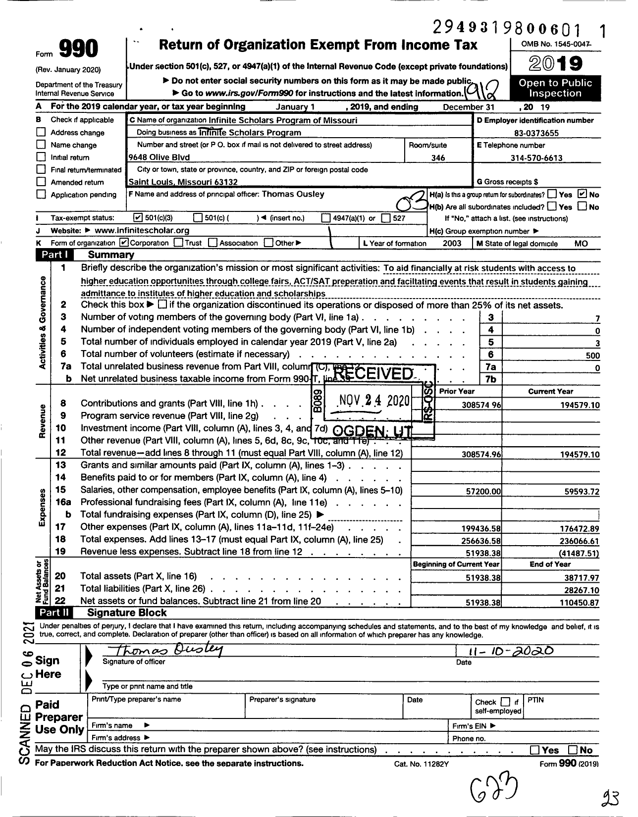 Image of first page of 2019 Form 990 for Infinite Scholars Program (ISP)