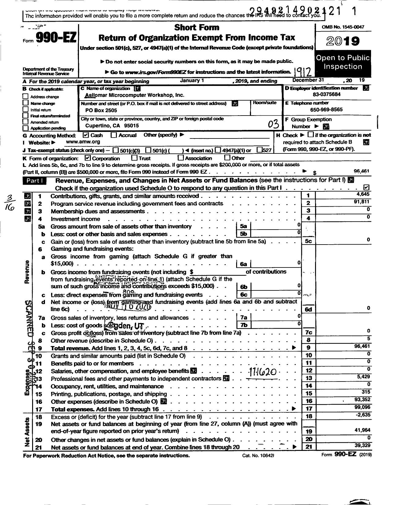 Image of first page of 2019 Form 990EZ for Asilomar Microcomputer Workshop