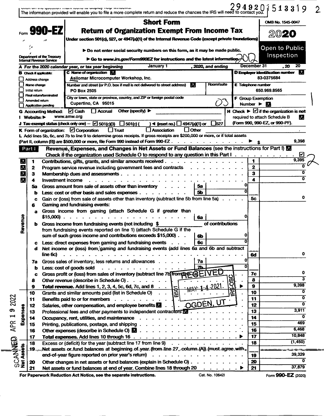 Image of first page of 2020 Form 990EZ for Asilomar Microcomputer Workshop