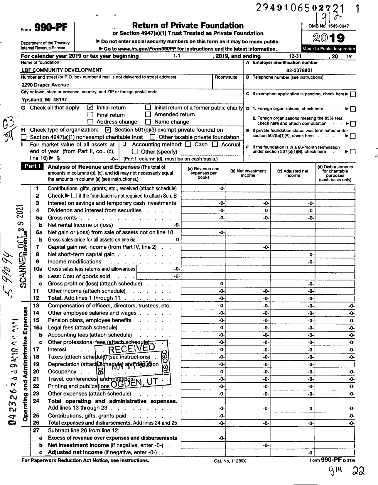 Image of first page of 2019 Form 990PF for LBF Community Development