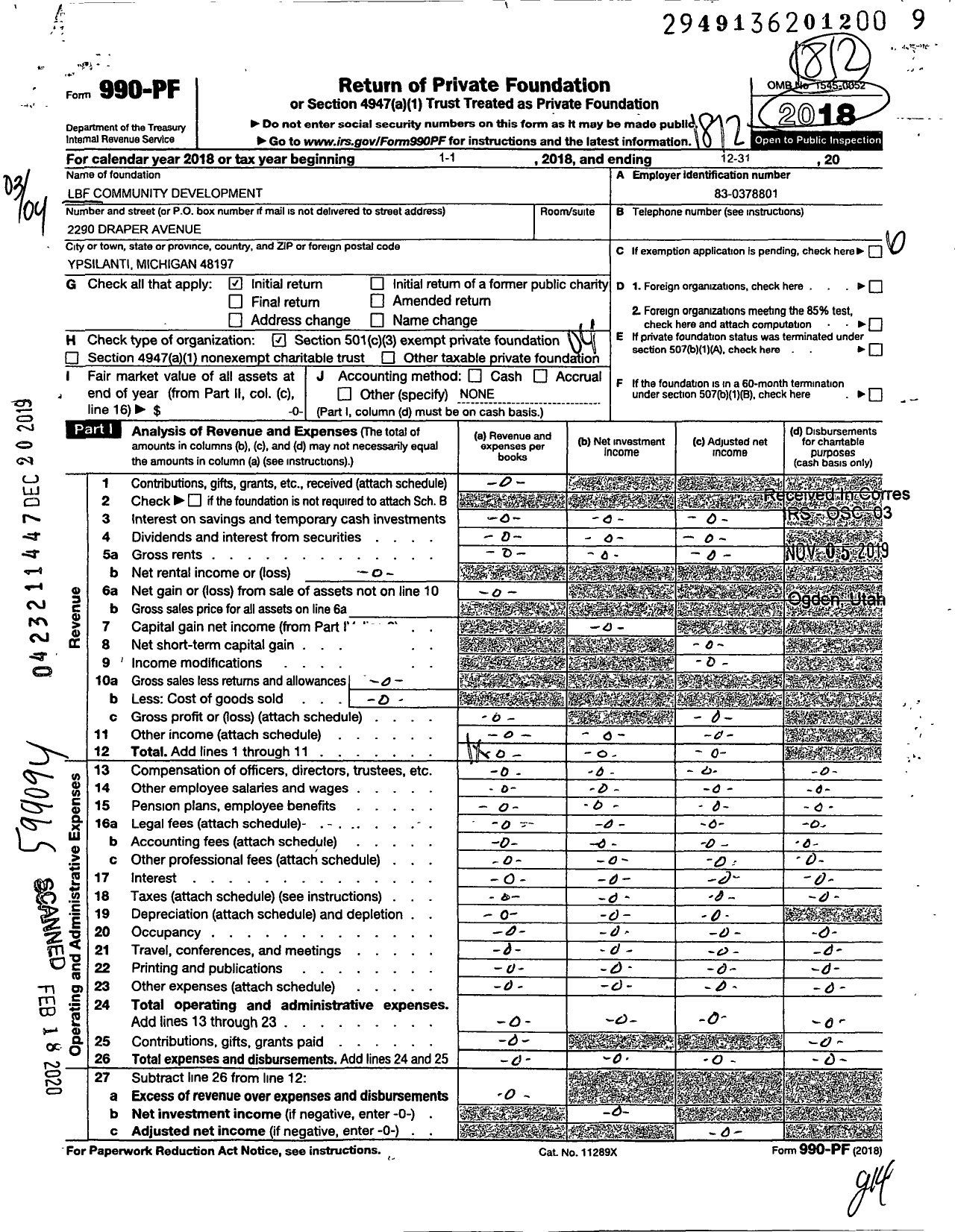 Image of first page of 2018 Form 990PF for LBF Community Development