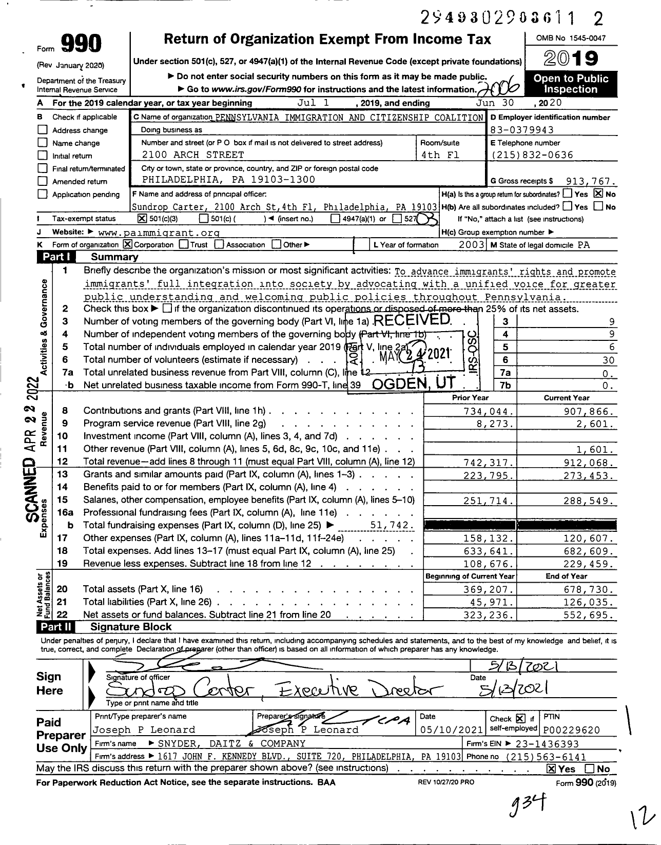 Image of first page of 2019 Form 990 for Pennsylvania Immigration and Citizenship Coalition (PICC)