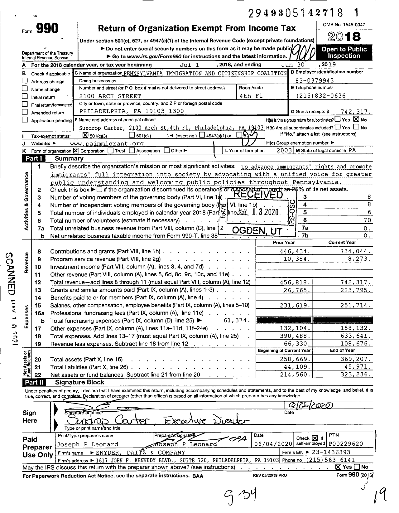 Image of first page of 2018 Form 990 for Pennsylvania Immigration and Citizenship Coalition (PICC)