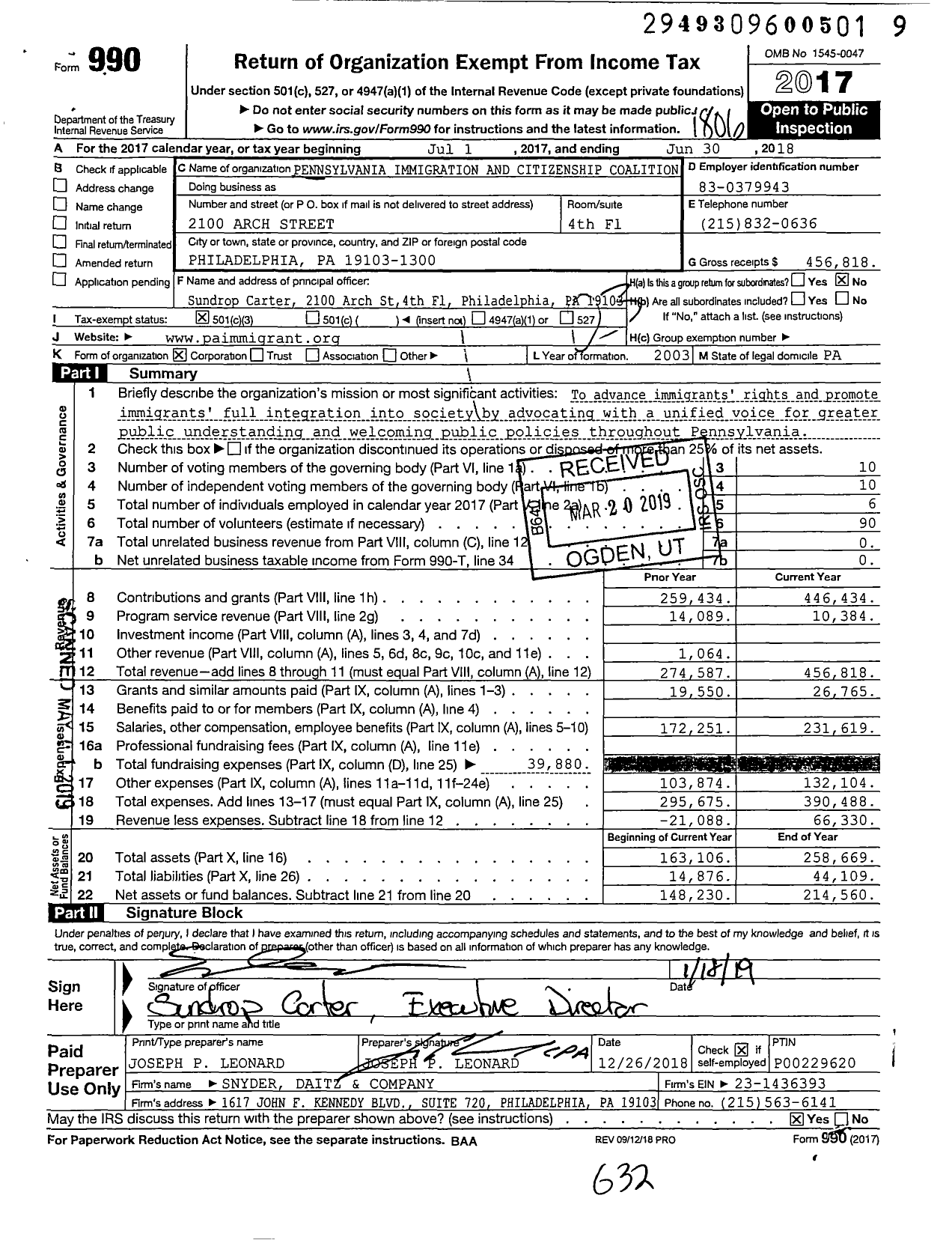 Image of first page of 2017 Form 990 for Pennsylvania Immigration and Citizenship Coalition (PICC)