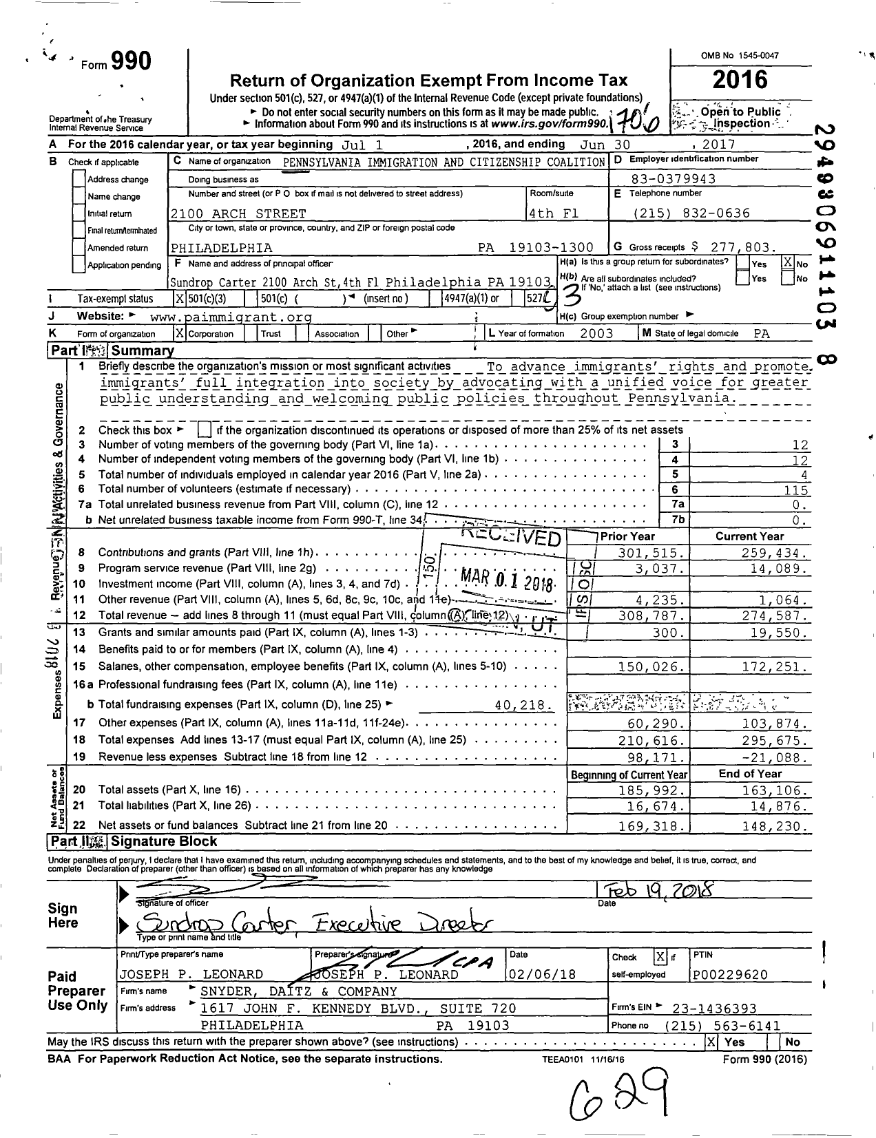 Image of first page of 2016 Form 990 for Pennsylvania Immigration and Citizenship Coalition (PICC)