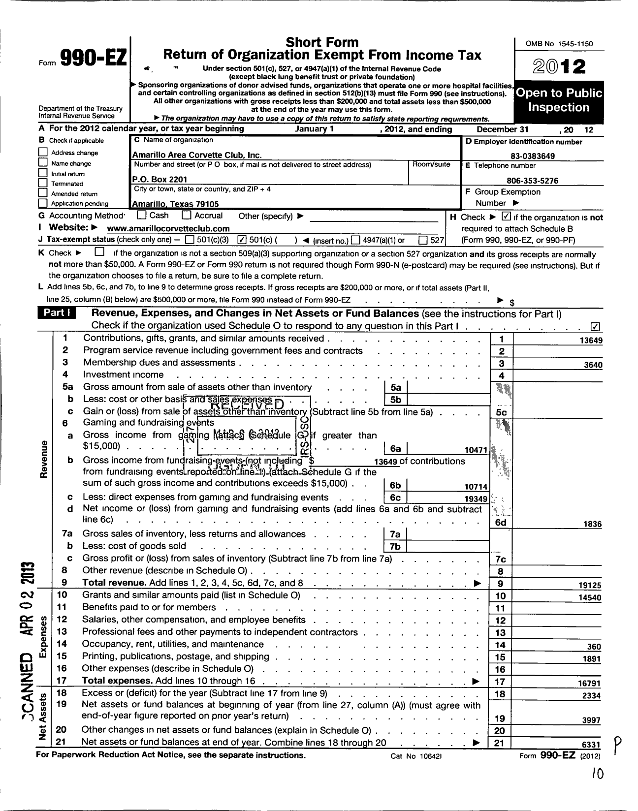 Image of first page of 2012 Form 990EO for Amarillo Area Corvette Club Incorporated