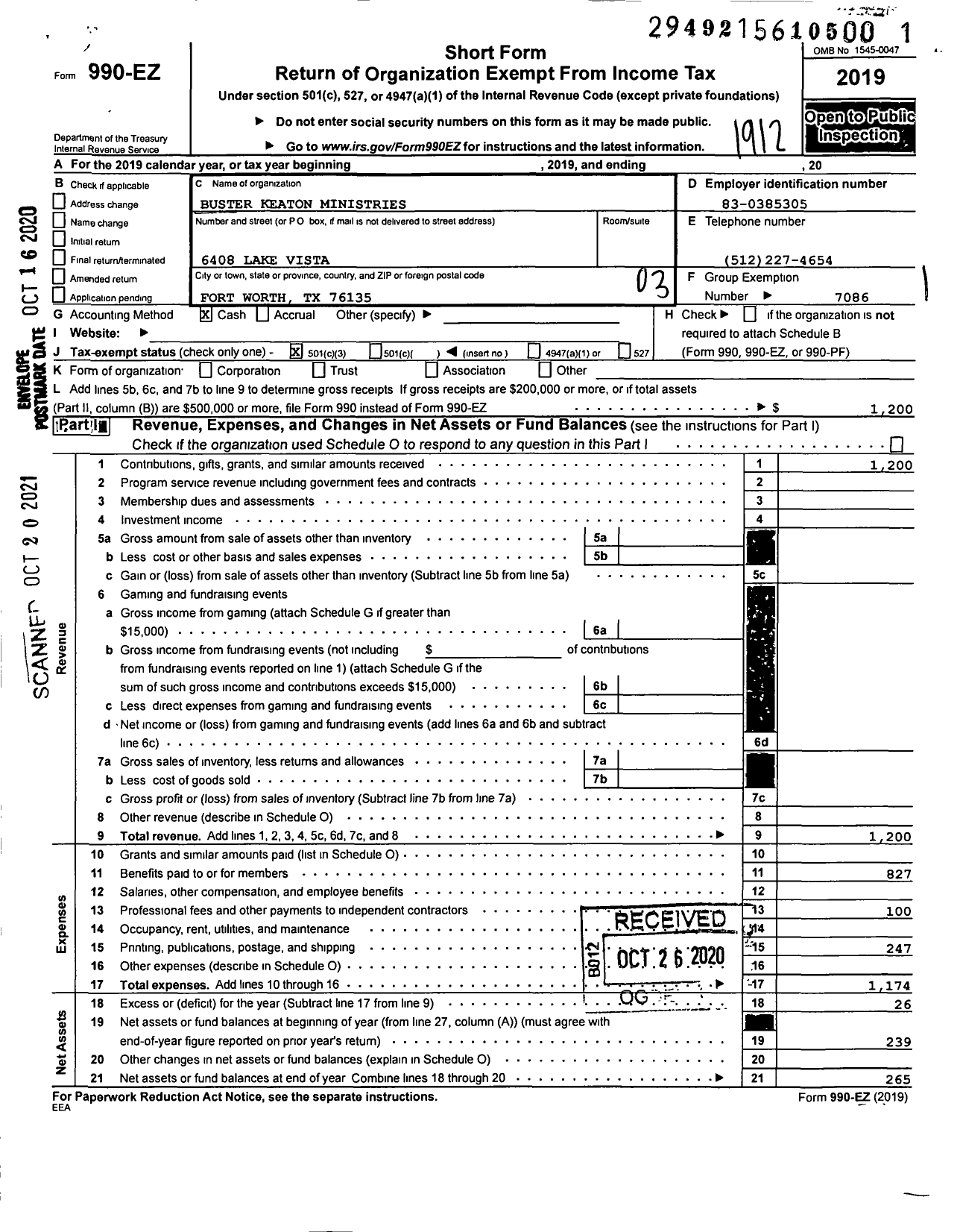 Image of first page of 2019 Form 990EZ for Buster Keaton Ministries