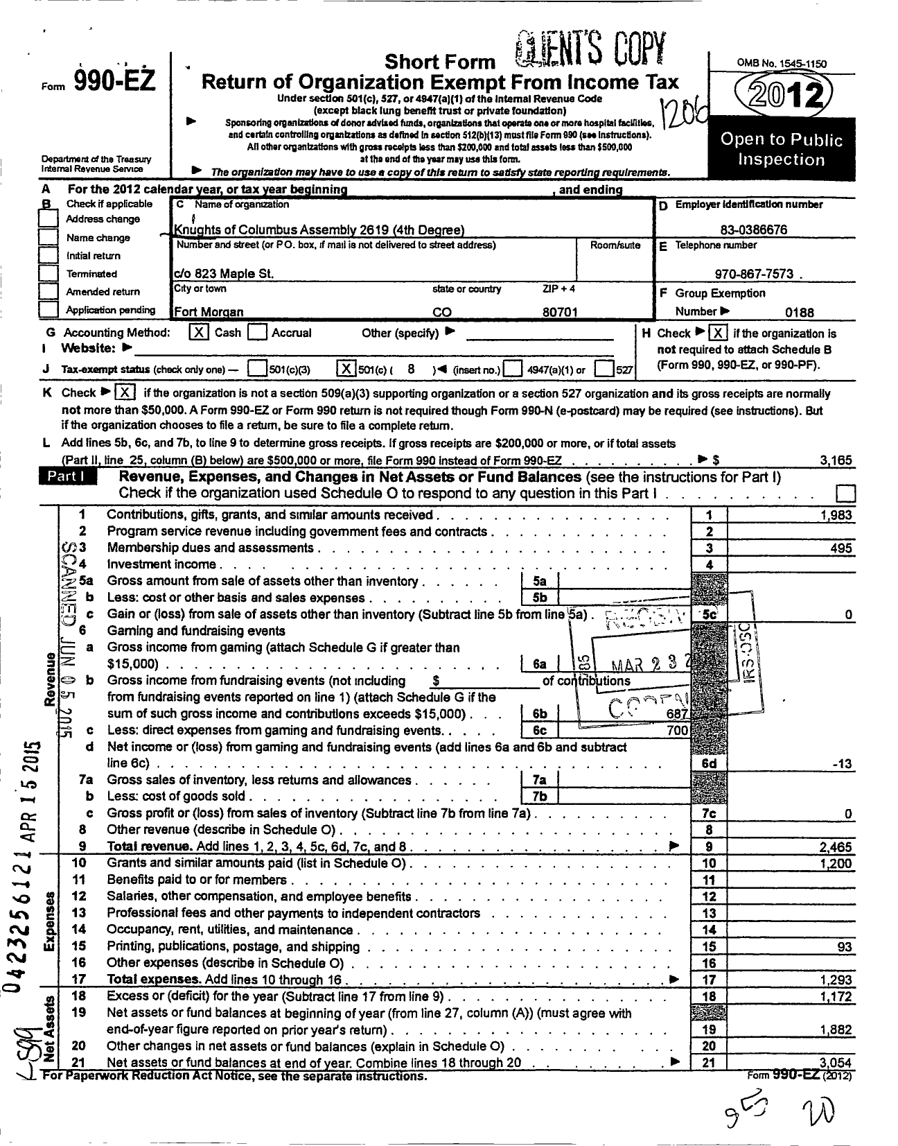 Image of first page of 2011 Form 990EO for Knights of Columbus - 2619 Monsignor Edward F Dinan Assem