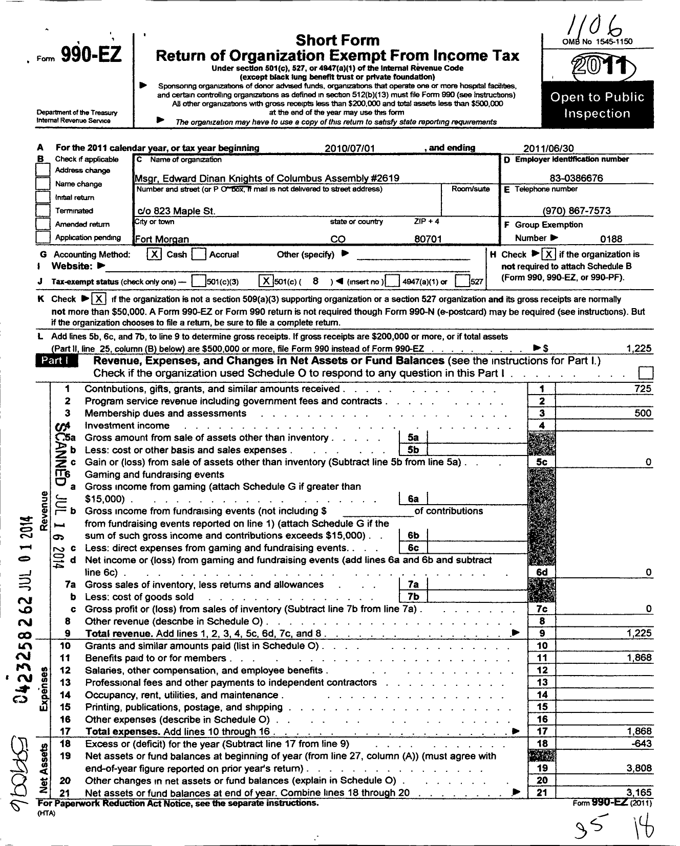 Image of first page of 2010 Form 990EO for Knights of Columbus - 2619 Monsignor Edward F Dinan Assem