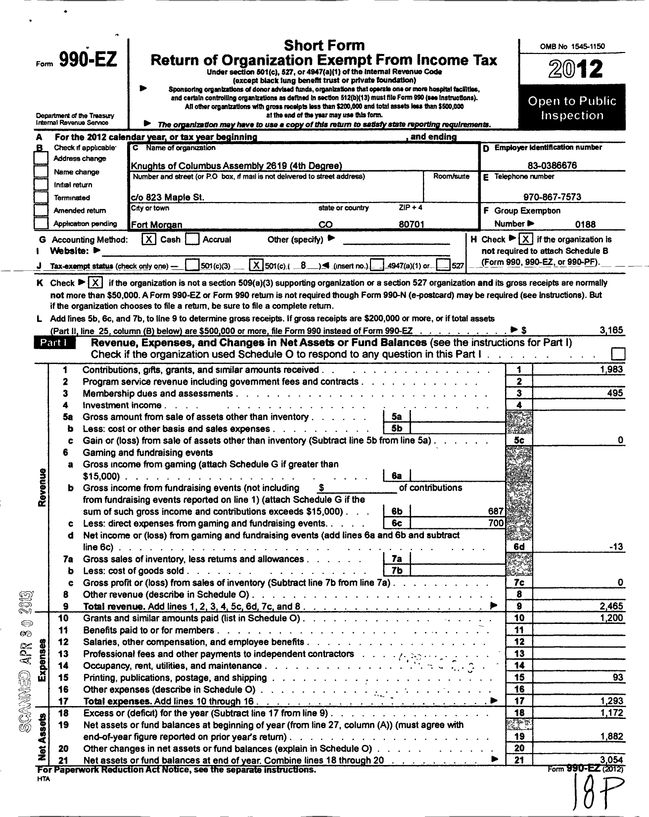 Image of first page of 2012 Form 990EO for Knights of Columbus - 2619 Monsignor Edward F Dinan Assem