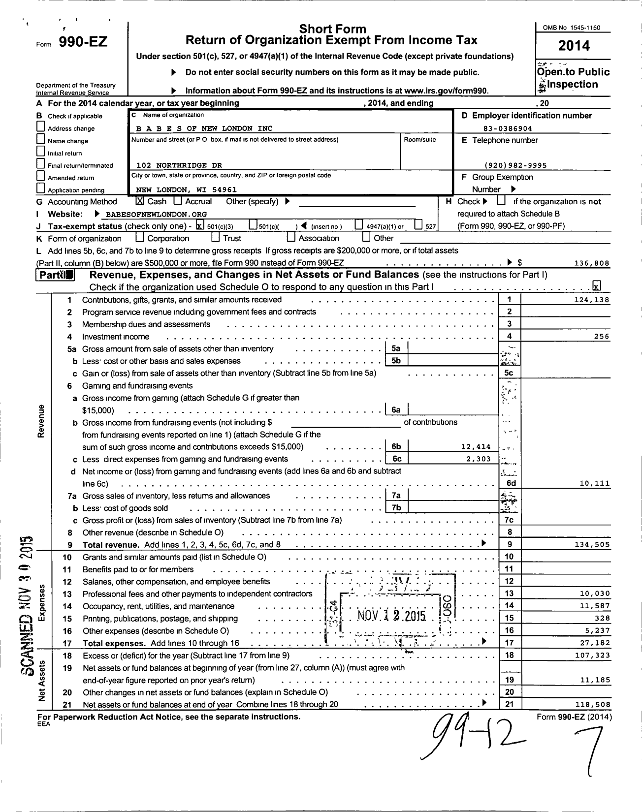 Image of first page of 2014 Form 990EZ for B A B E S of New London