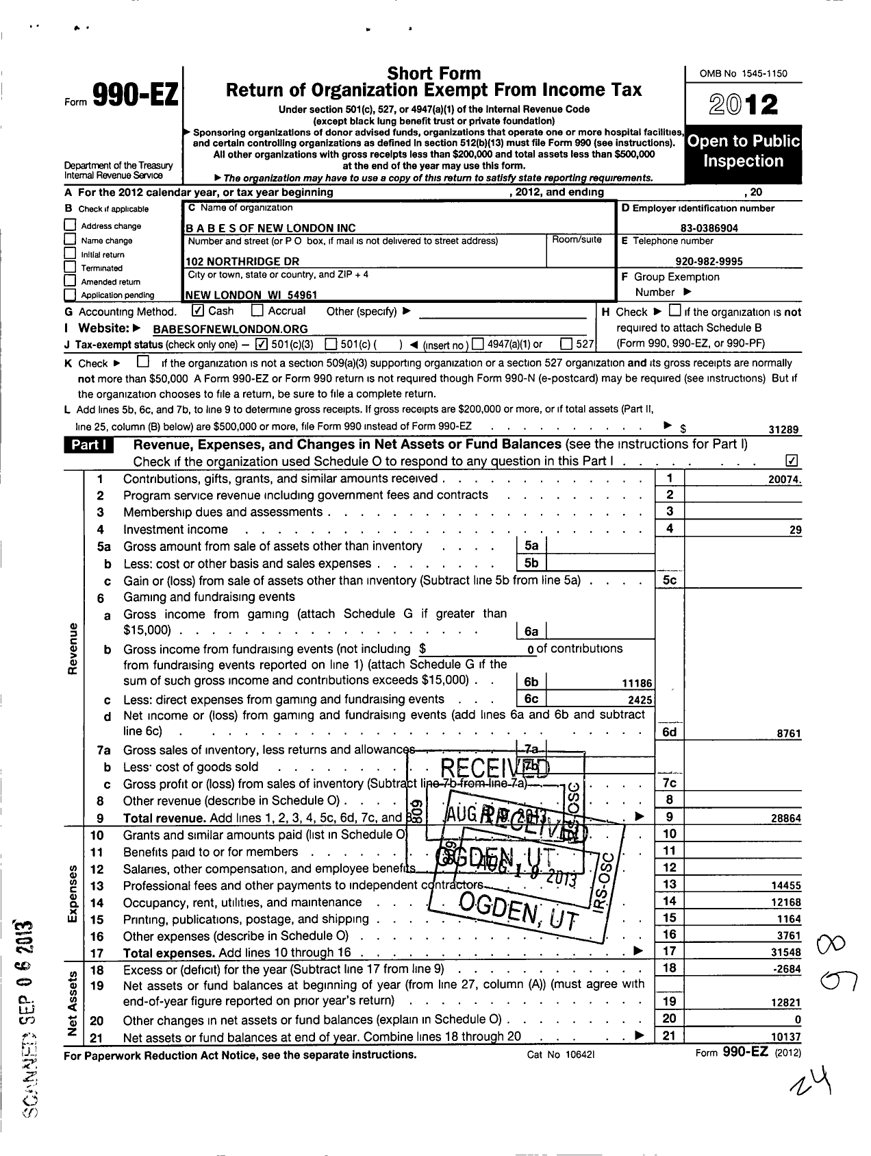 Image of first page of 2012 Form 990EZ for B A B E S of New London