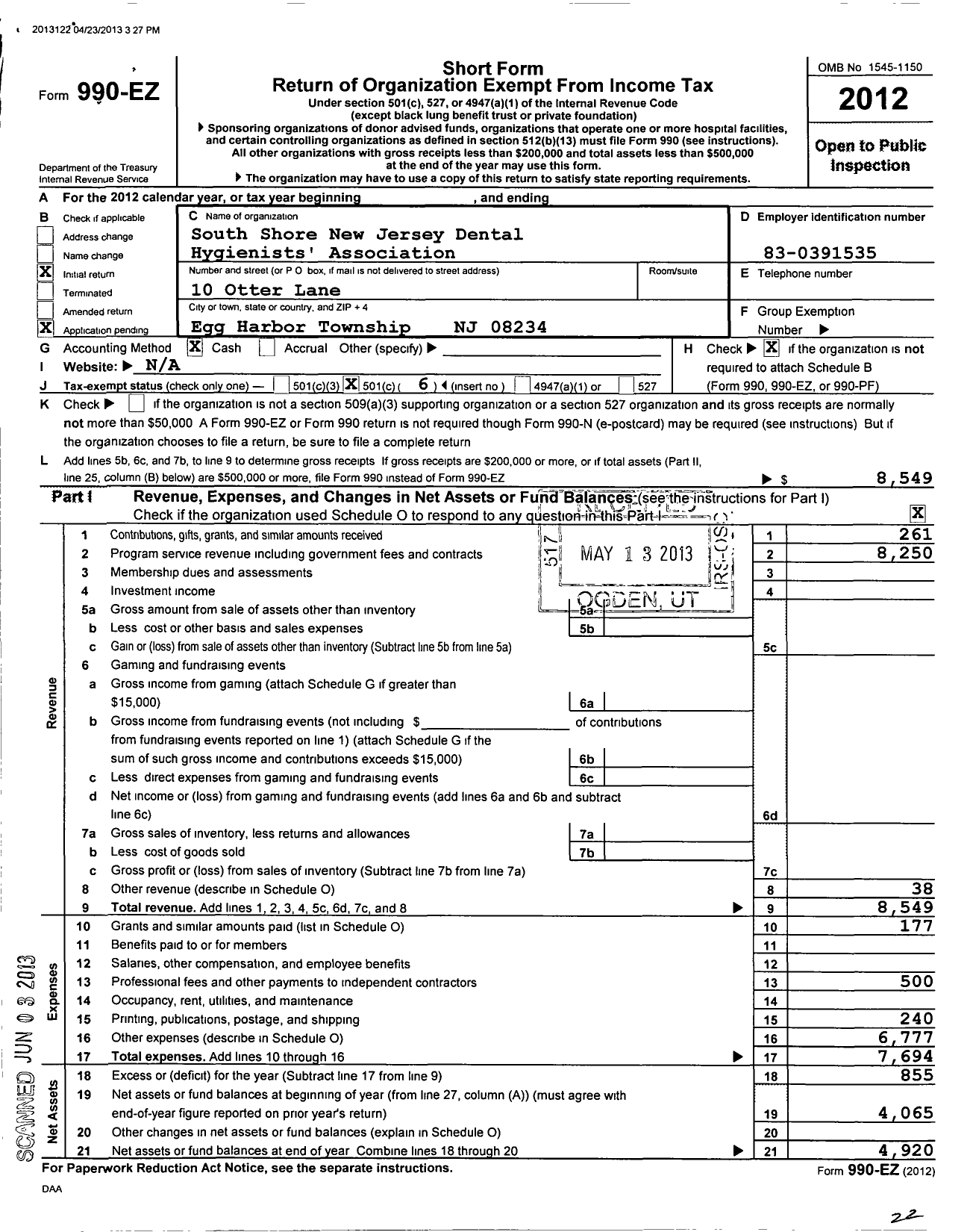 Image of first page of 2012 Form 990EO for South Shore New Jersey Dental Hygienist Association (SSNJDHA)