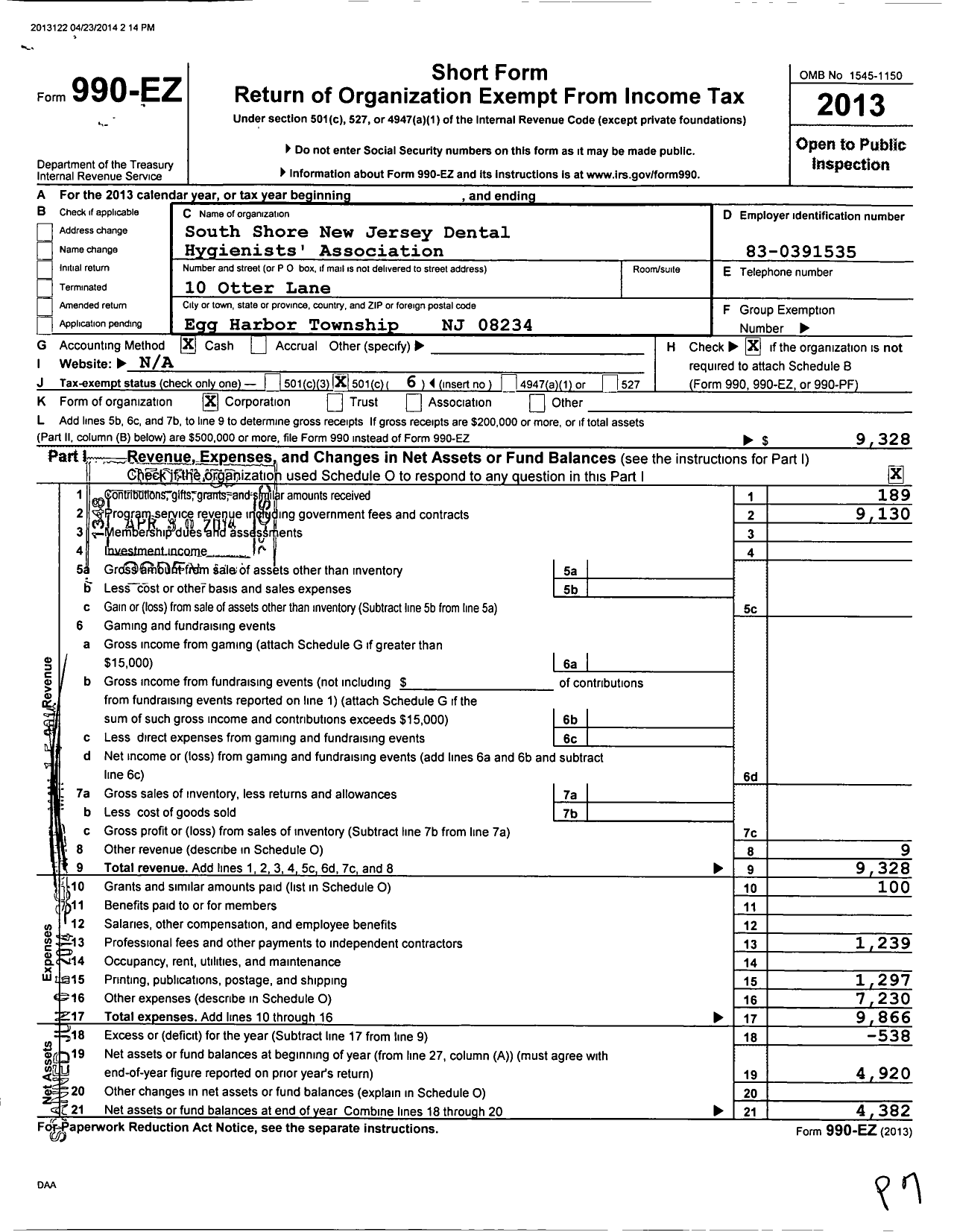 Image of first page of 2013 Form 990EO for South Shore New Jersey Dental Hygienist Association (SSNJDHA)