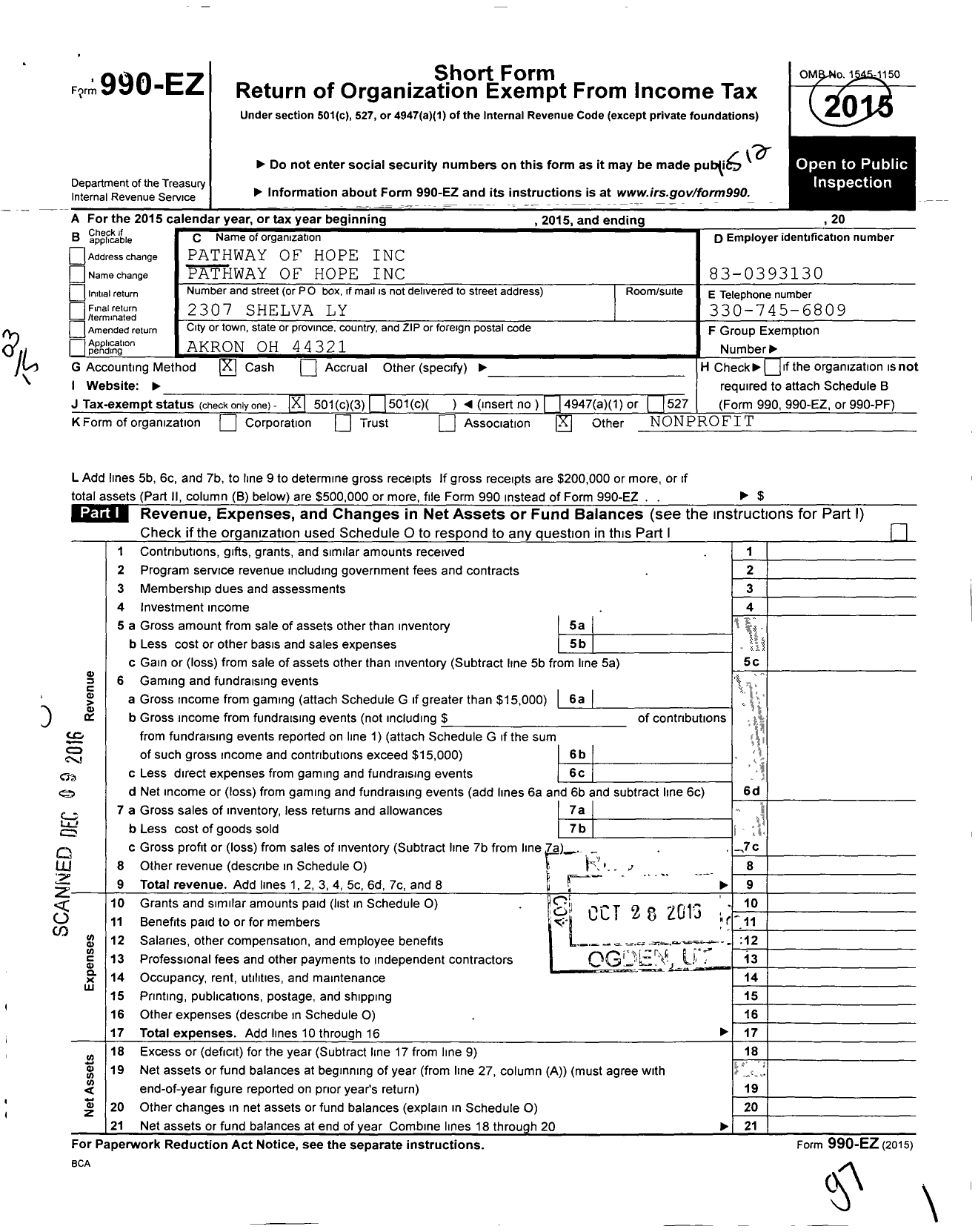 Image of first page of 2015 Form 990EZ for Pathway of Hope Incorporated Pathway of Hope Incorporated