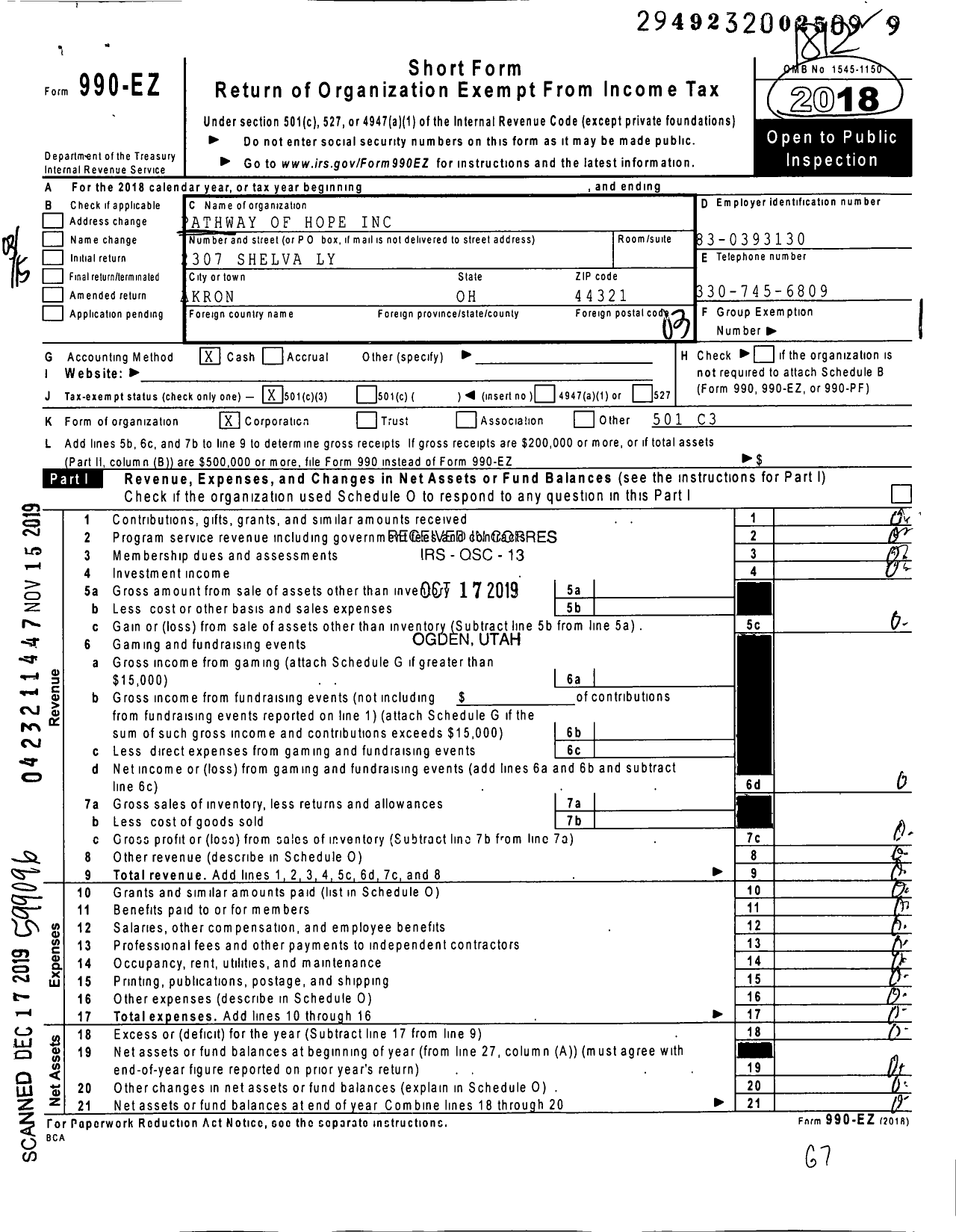 Image of first page of 2018 Form 990EZ for Pathway of Hope Incorporated Pathway of Hope Incorporated