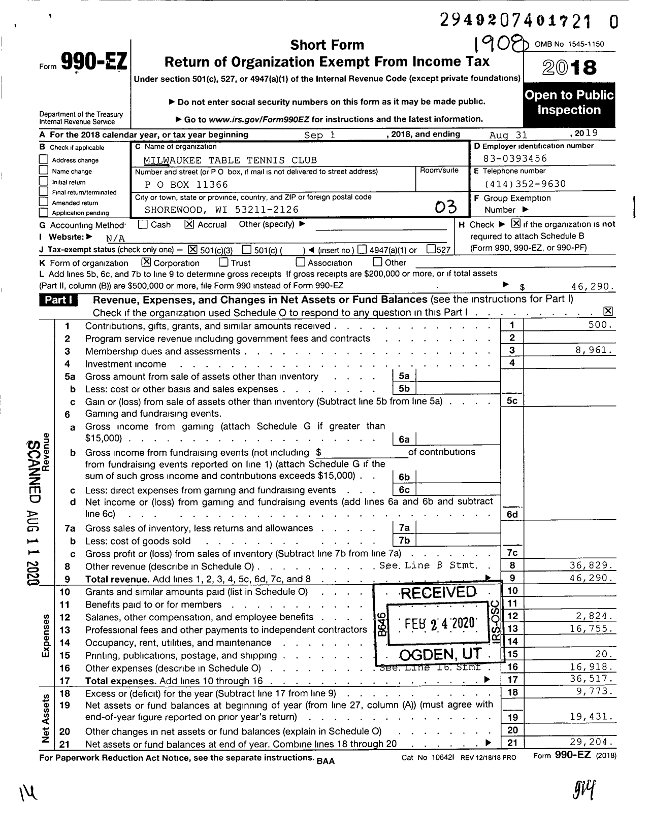 Image of first page of 2018 Form 990EZ for Milwaukee Table Tennis Club