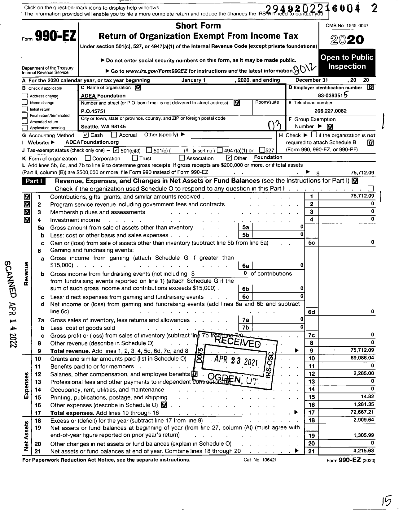 Image of first page of 2020 Form 990EZ for Adea Foundation