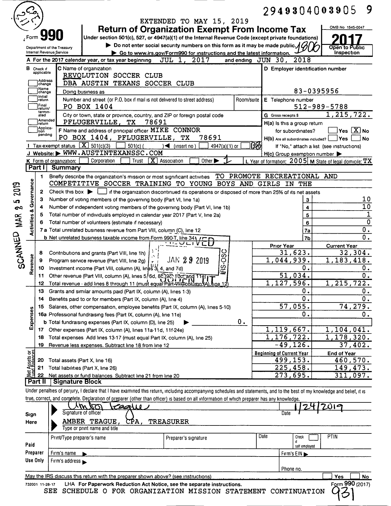 Image of first page of 2017 Form 990 for Revolution Soccer Club / Austin Texans Soccer Club