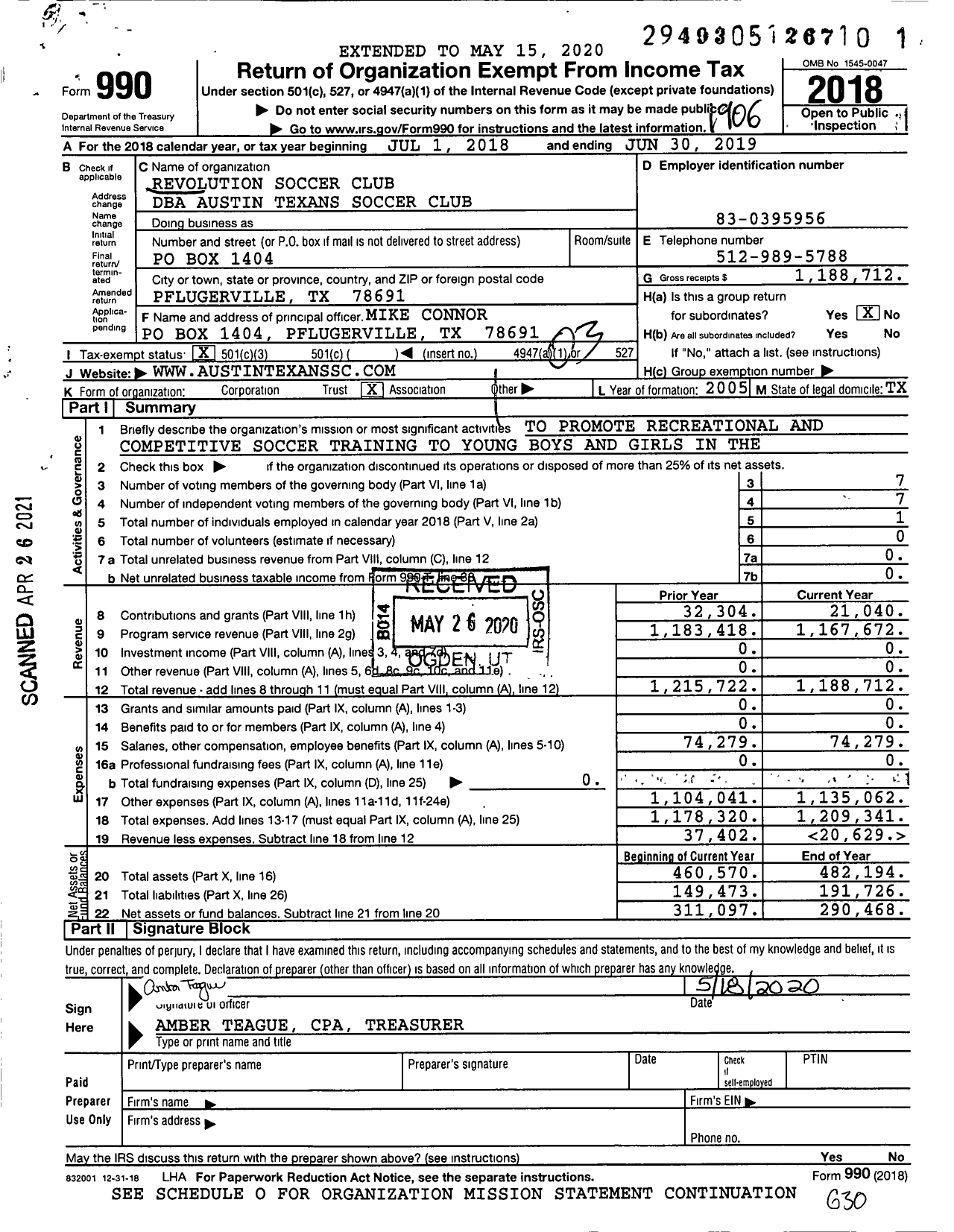 Image of first page of 2018 Form 990 for Revolution Soccer Club / Austin Texans Soccer Club