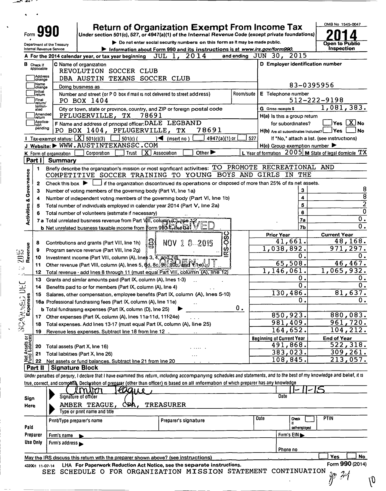 Image of first page of 2014 Form 990 for Revolution Soccer Club / Austin Texans Soccer Club