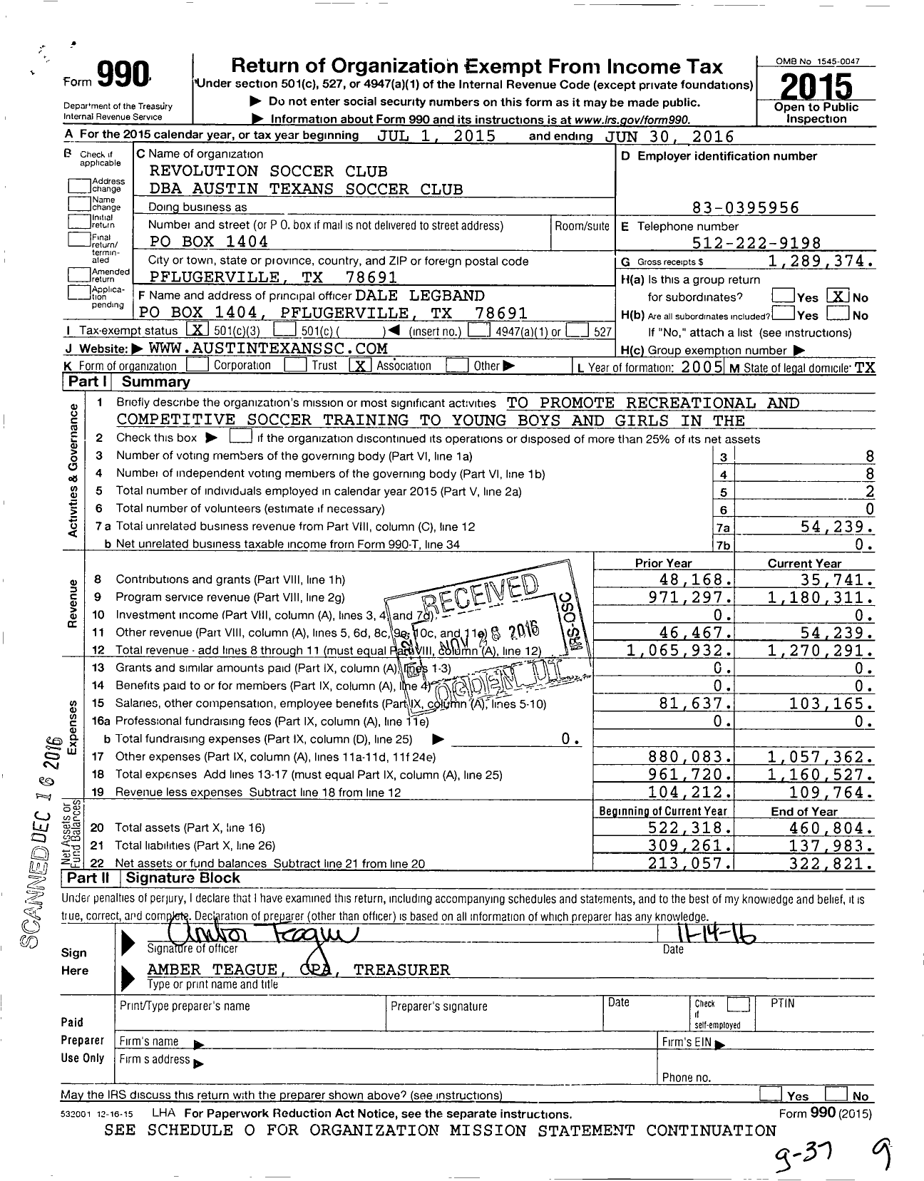 Image of first page of 2015 Form 990 for Revolution Soccer Club / Austin Texans Soccer Club