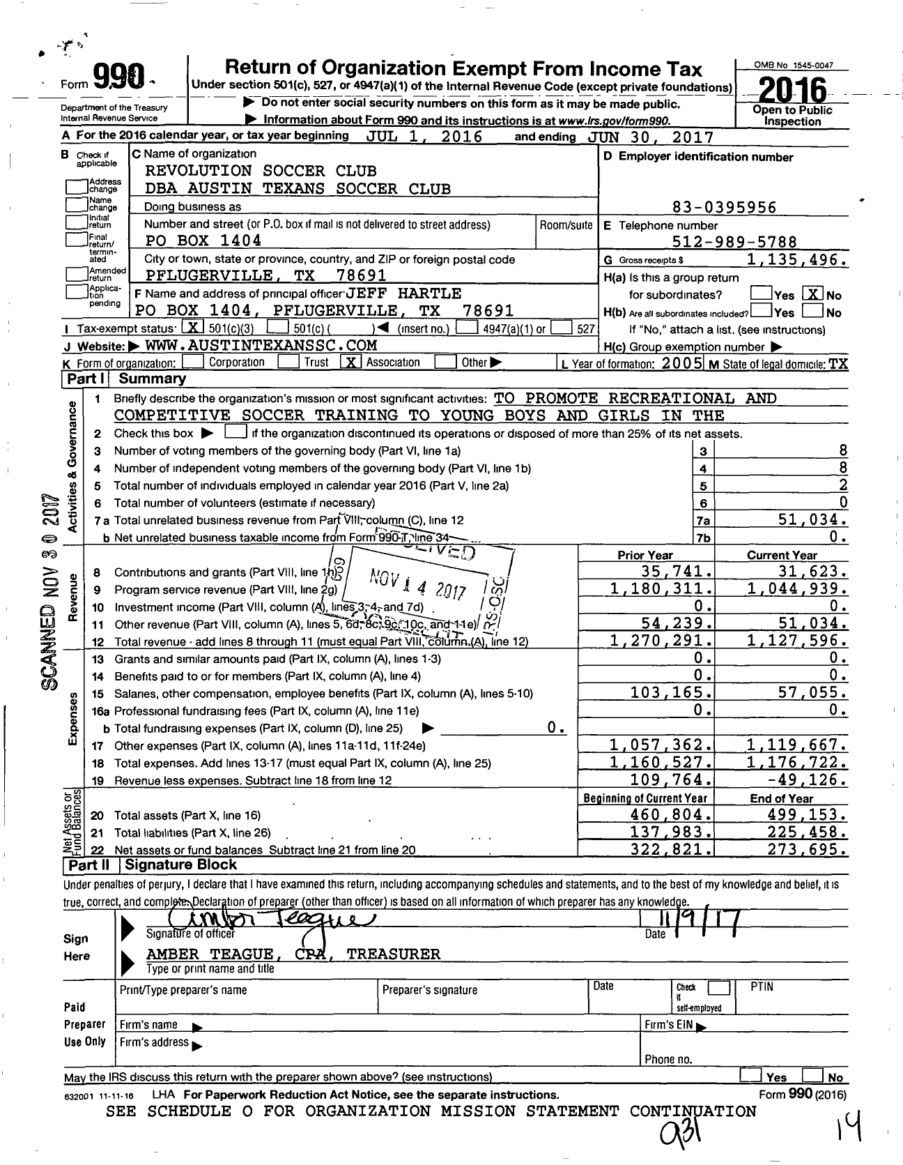 Image of first page of 2016 Form 990 for Revolution Soccer Club / Austin Texans Soccer Club