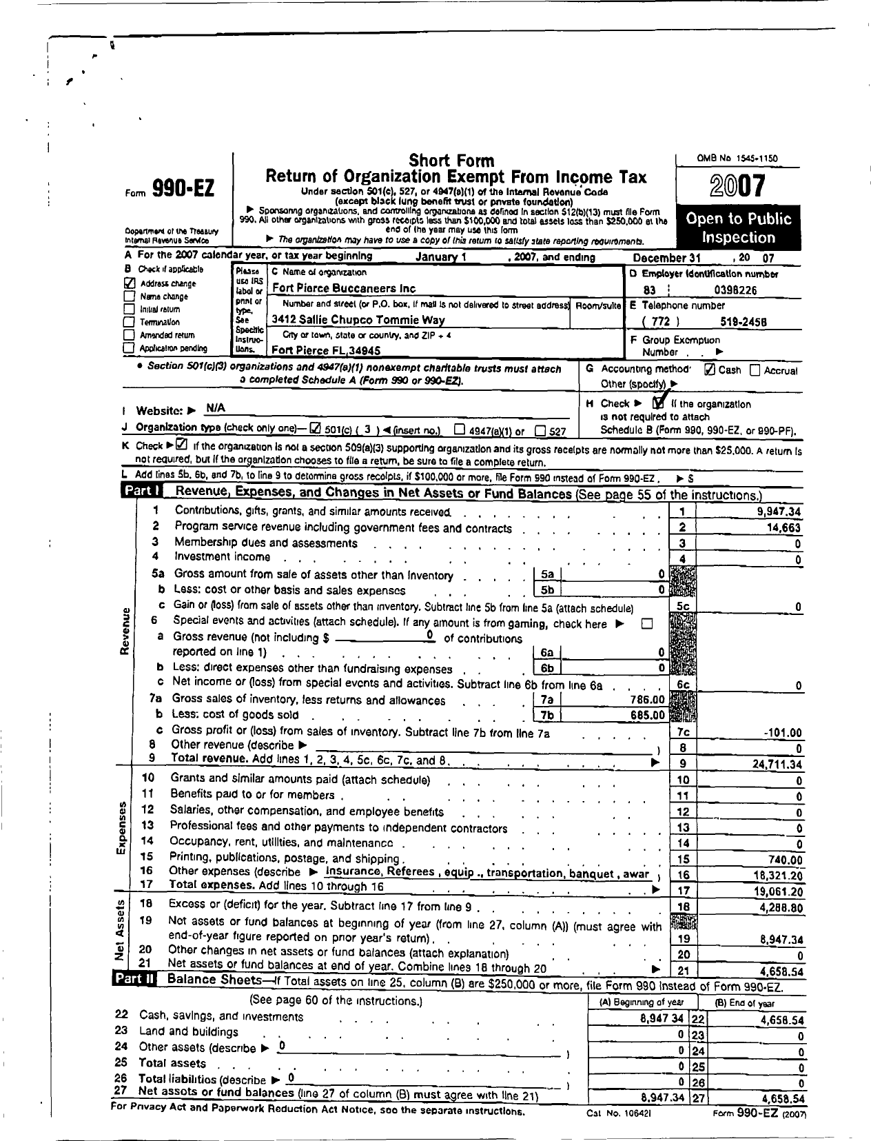 Image of first page of 2007 Form 990ER for Fort Pierce Buccaneers