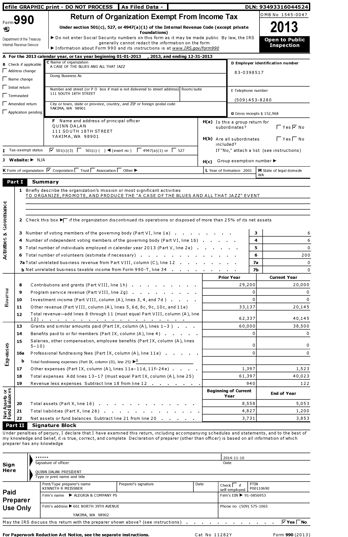 Image of first page of 2013 Form 990 for A Case of the Blues and All That Jazz