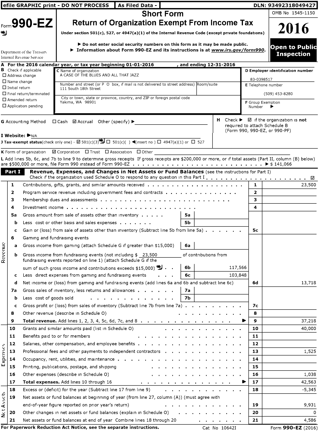 Image of first page of 2016 Form 990EZ for A Case of the Blues and All That Jazz